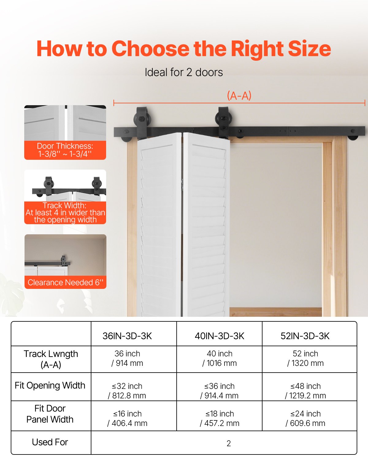 VEVOR Kit de Rieles para Puertas Corredizas Plegables de Granero, con Montaje Superior, Suave y Silencioso, Resistente, para Dos Puertas de Armario, Despensa y Lavandería, 1016 x 40 x 6 mm, Negro