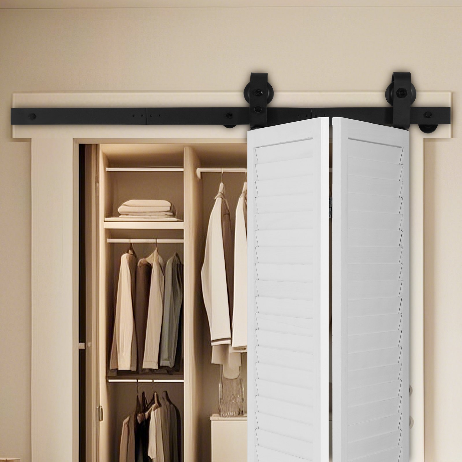 VEVOR Kit de Rieles para Puertas Corredizas Plegables de Granero, con Montaje Superior, Suave y Silencioso, Resistente, para Dos Puertas de Armario, Despensa y Lavandería, 1016 x 40 x 6 mm, Negro