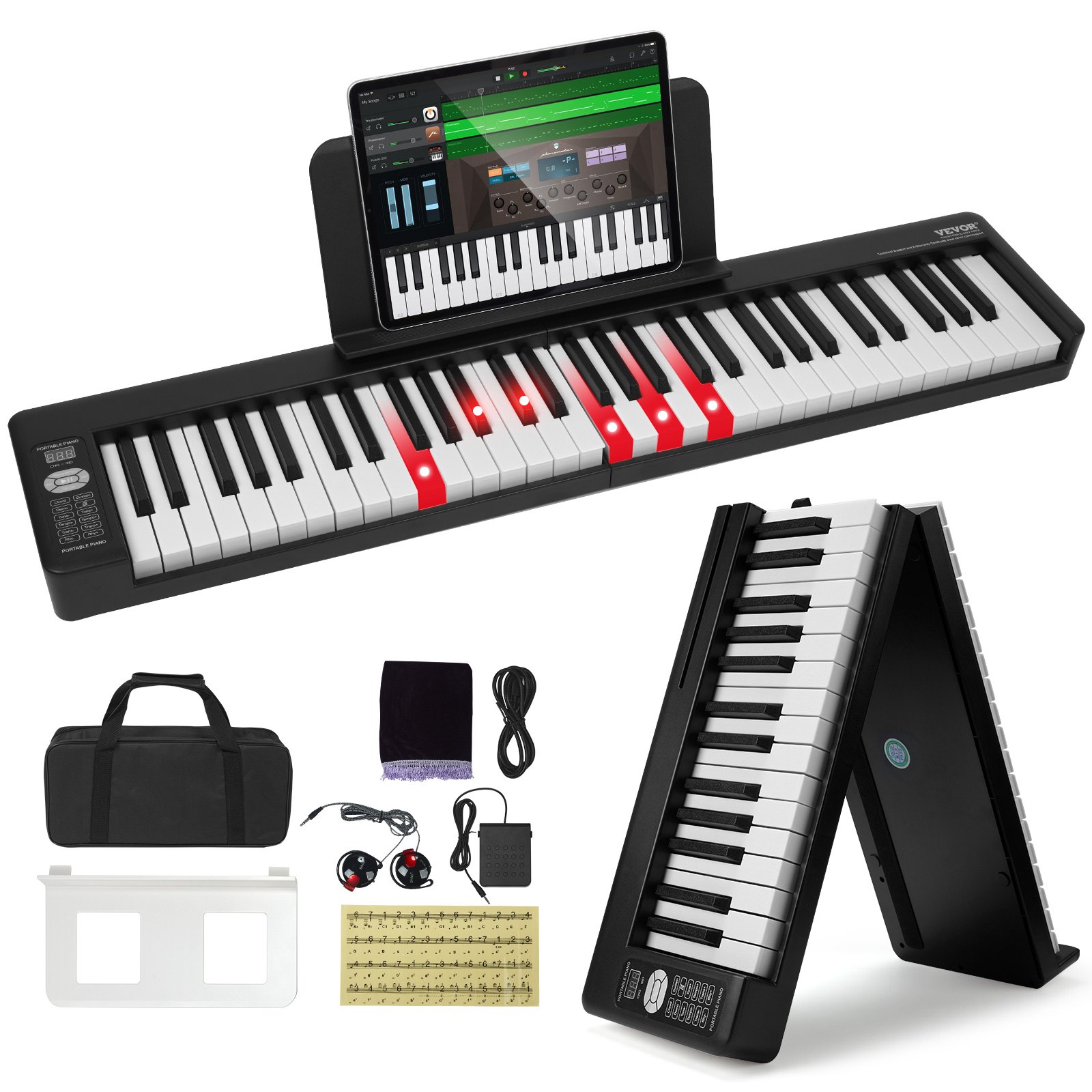 VEVOR Teclado de Piano Plegable 61 Teclas Bluetooth y MIDI Piano Electrónico Digital Portátil con Pedal de Sostenido Teclas Iluminadas Recargable para Principiantes, Adolescentes, Adultos, Negro