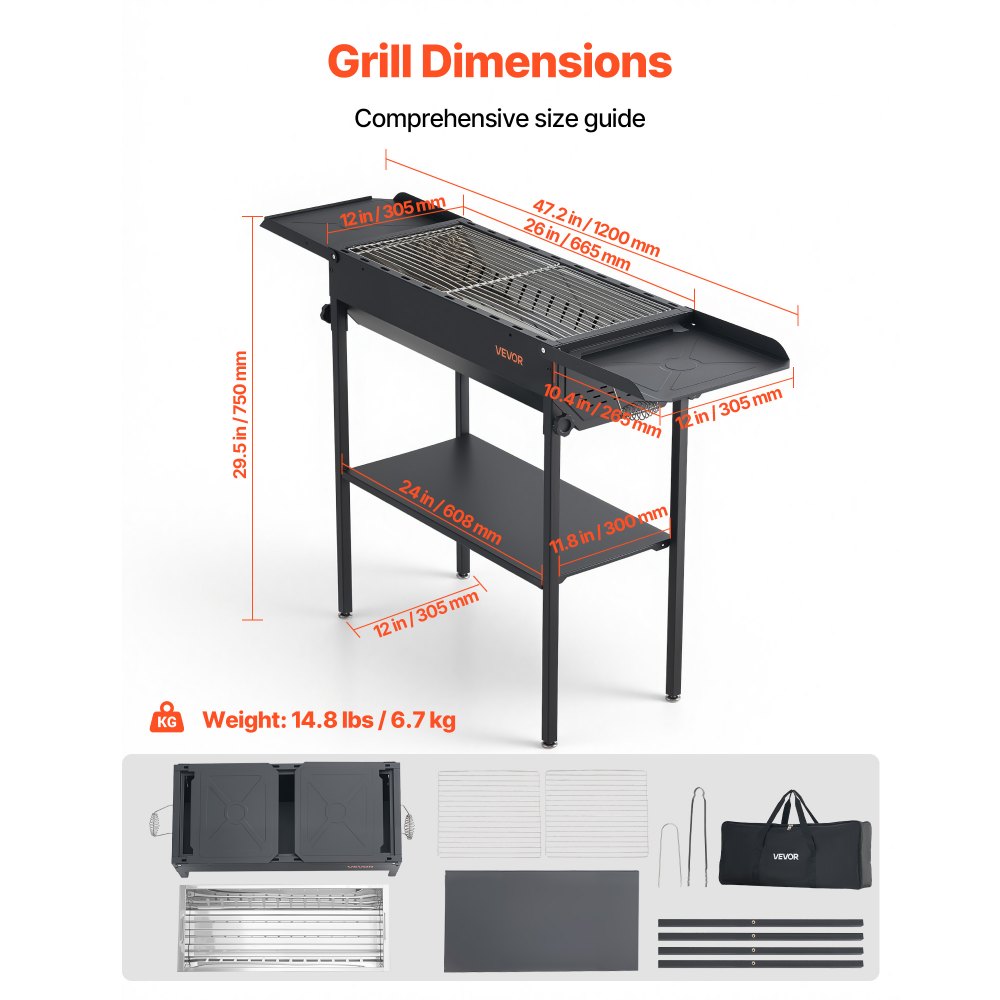 VEVOR Barbacoa de Carbón 120x30,5x75 cm, Barbacoa Portátil con Altura Ajustable y Mesas Laterales Plegables, Parrilla de Acero con Recubrimiento en Polvo de Alta Temperatura para Camping, Exterior