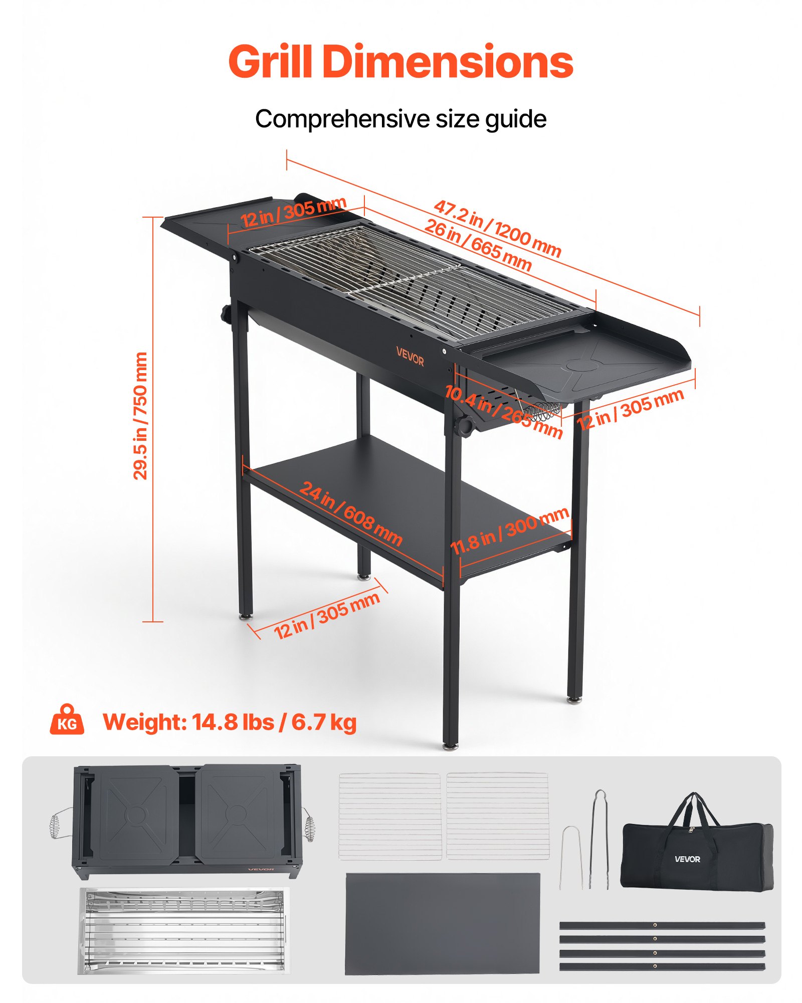 VEVOR Barbacoa de Carbón 120x30,5x75 cm, Barbacoa Portátil con Altura Ajustable y Mesas Laterales Plegables, Parrilla de Acero con Recubrimiento en Polvo de Alta Temperatura para Camping, Exterior