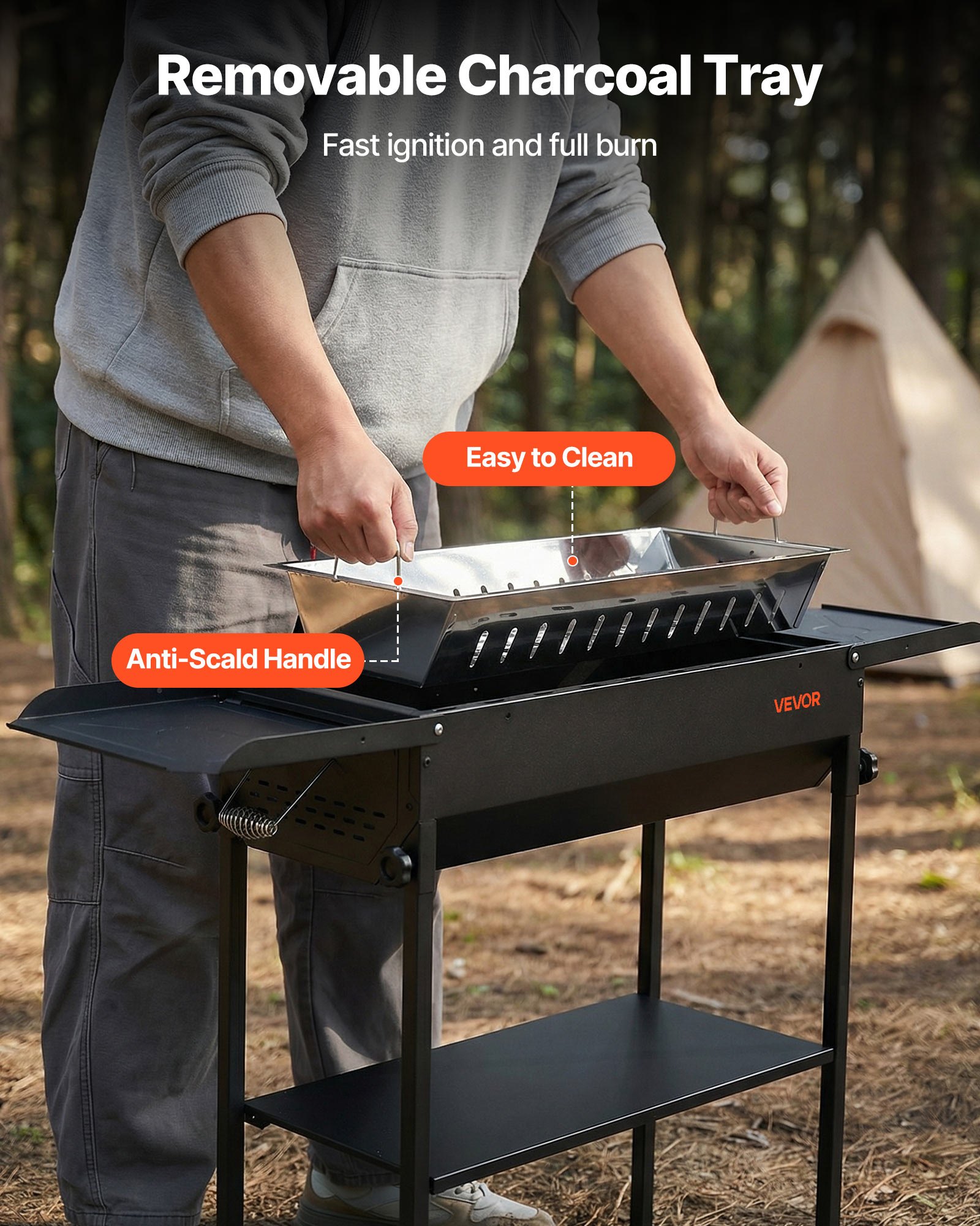 VEVOR Barbacoa de Carbón 120x30,5x75 cm, Barbacoa Portátil con Altura Ajustable y Mesas Laterales Plegables, Parrilla de Acero con Recubrimiento en Polvo de Alta Temperatura para Camping, Exterior