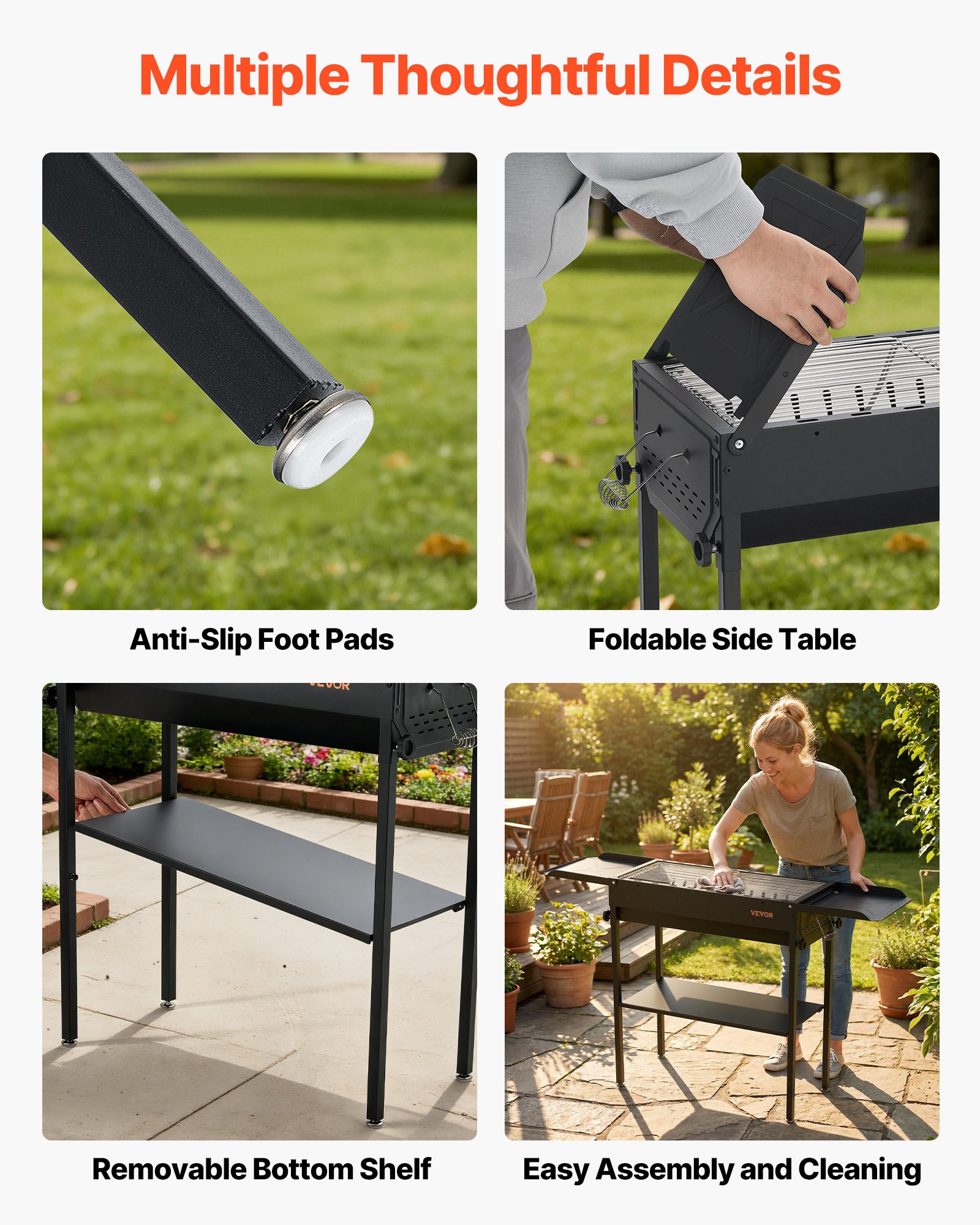 VEVOR Barbacoa de Carbón 120x30,5x75 cm, Barbacoa Portátil con Altura Ajustable y Mesas Laterales Plegables, Parrilla de Acero con Recubrimiento en Polvo de Alta Temperatura para Camping, Exterior