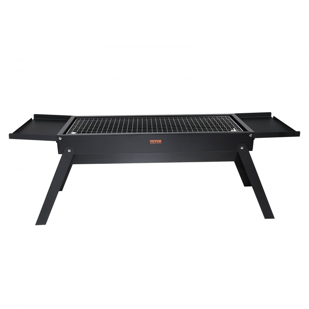 Parrilla de carbón portátil VEVOR con patas plegables y estantes laterales para barbacoa al aire libre.