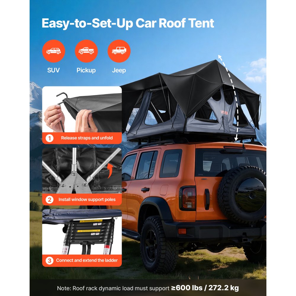 VEVOR Tienda de Techo Rígida para 2-3 Personas, Tienda de Campaña para Techo de Coche con Luz LED, Colchón Grueso y 10 Ventanas, Impermeable y Resistente al Viento, para Jeep, SUV, Camionetas
