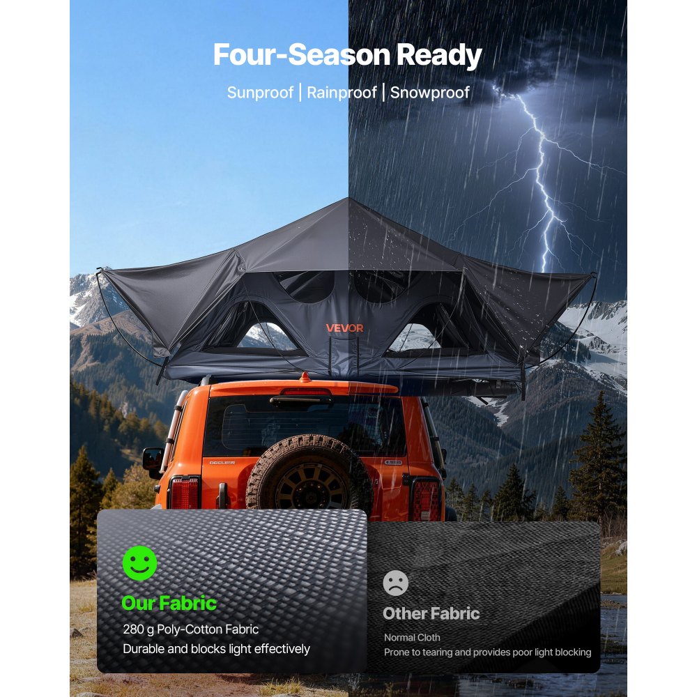 VEVOR Tienda de Techo Rígida para 2-3 Personas, Tienda de Campaña para Techo de Coche con Luz LED, Colchón Grueso y 10 Ventanas, Impermeable y Resistente al Viento, para Jeep, SUV, Camionetas
