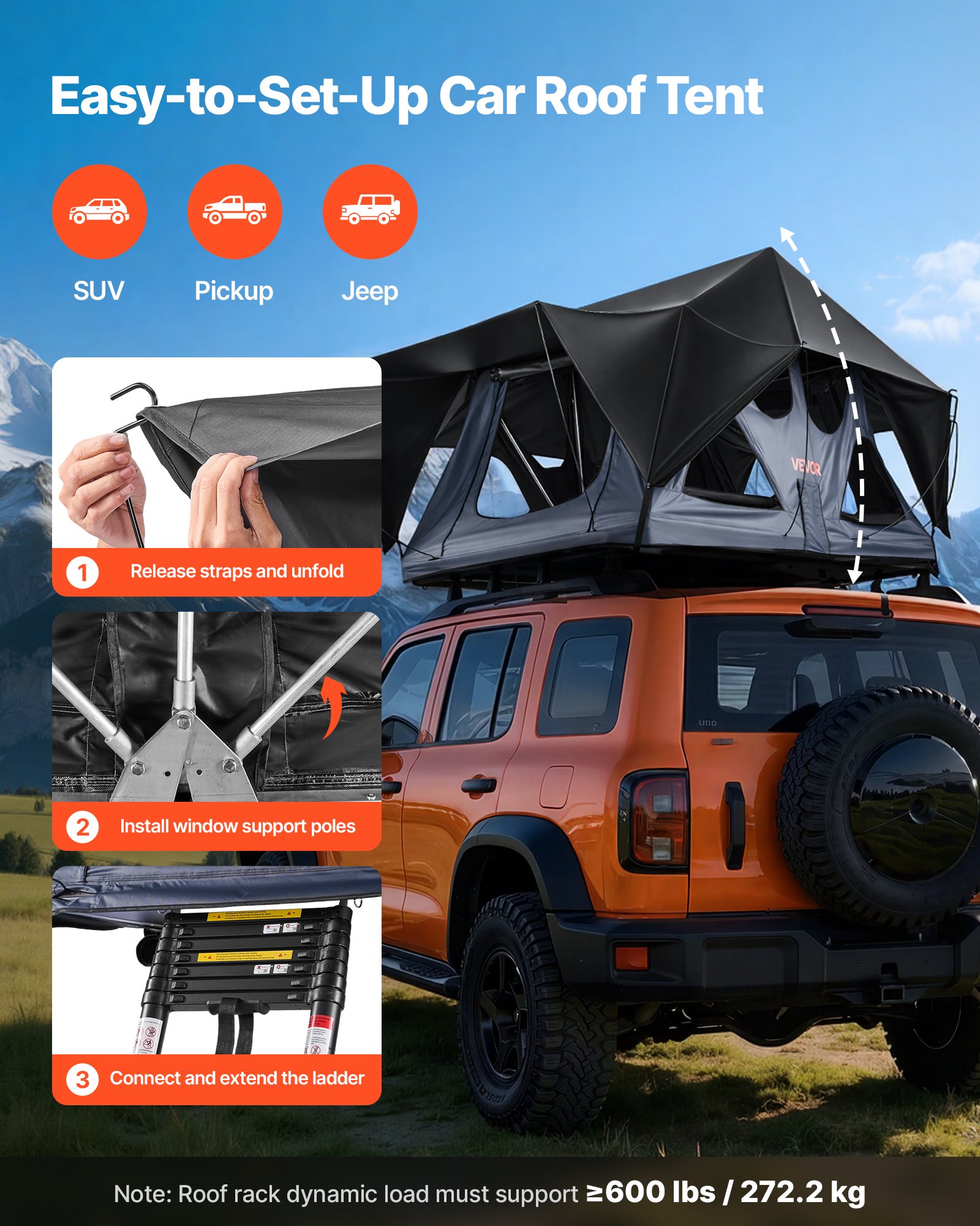 VEVOR Tienda de Techo Rígida para 2-3 Personas, Tienda de Campaña para Techo de Coche con Luz LED, Colchón Grueso y 10 Ventanas, Impermeable y Resistente al Viento, para Jeep, SUV, Camionetas