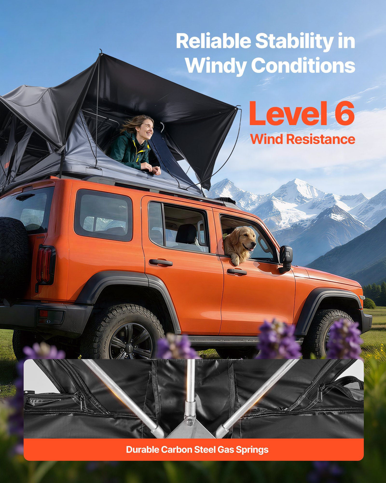 VEVOR Tienda de Techo Rígida para 2-3 Personas, Tienda de Campaña para Techo de Coche con Luz LED, Colchón Grueso y 10 Ventanas, Impermeable y Resistente al Viento, para Jeep, SUV, Camionetas