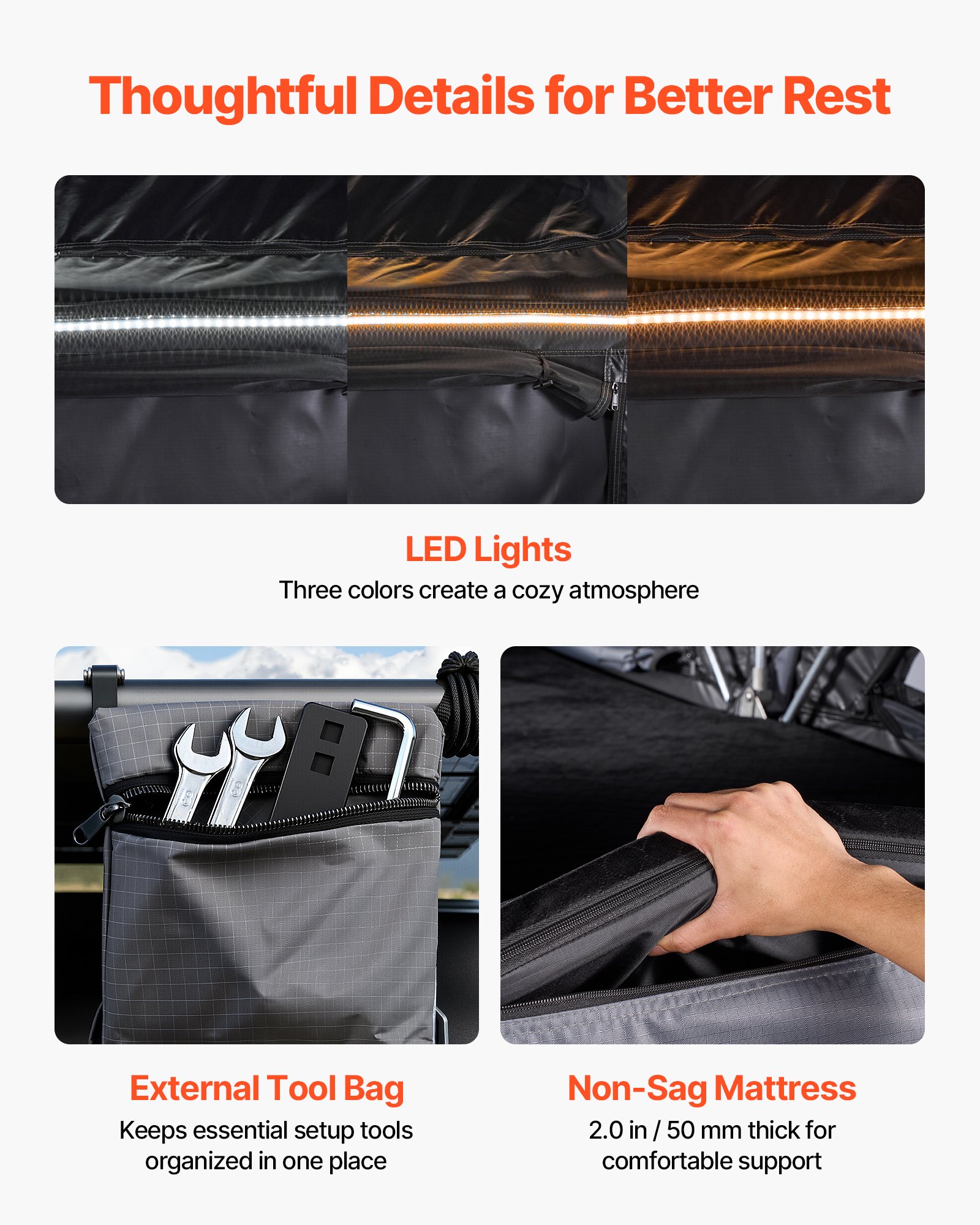 VEVOR Tienda de Techo Rígida para 2-3 Personas, Tienda de Campaña para Techo de Coche con Luz LED, Colchón Grueso y 10 Ventanas, Impermeable y Resistente al Viento, para Jeep, SUV, Camionetas