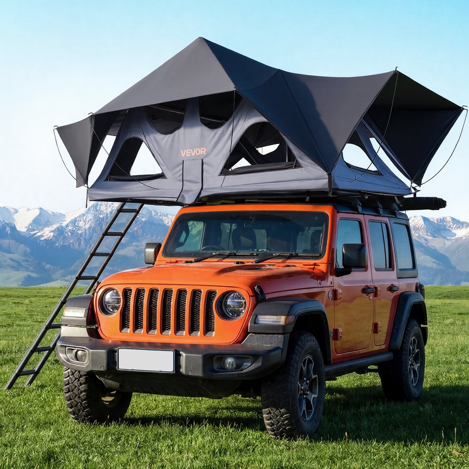 VEVOR Tienda de Techo Rígida para 2-3 Personas, Tienda de Campaña para Techo de Coche con Luz LED, Colchón Grueso y 10 Ventanas, Impermeable y Resistente al Viento, para Jeep, SUV, Camionetas