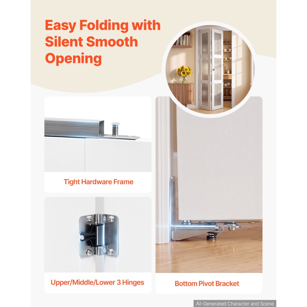 VEVOR 2 Paneles Puerta Corredera Plegable con Herrajes 914 x 2032 mm Blanco, para Armario, Dormitorio, Salón, Decoración Moderna, Cristal Translúcido, Kit Completo de Instalación, Madera, PVC y MDF