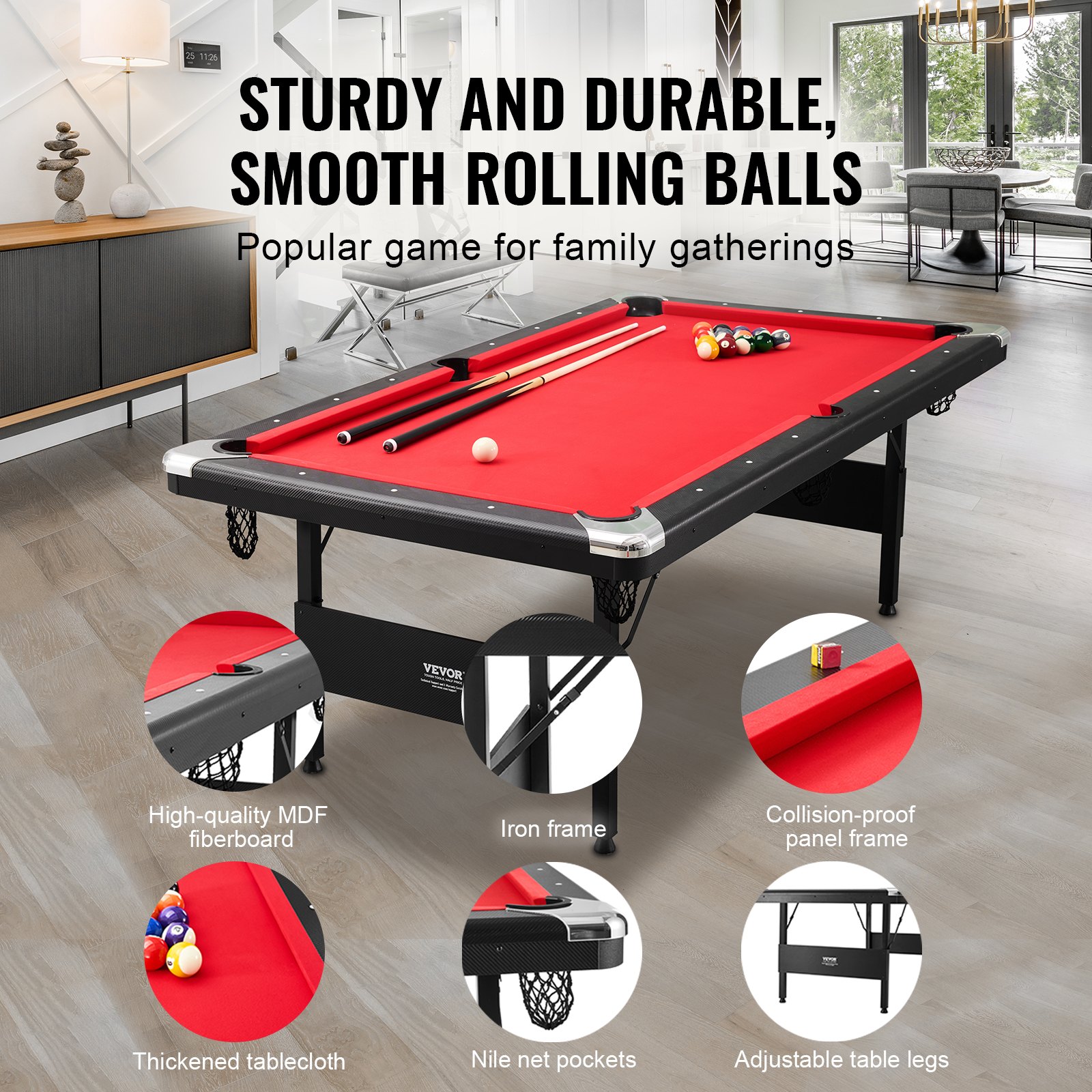 VEVOR Billiard Table, 2.13 m Pool Table, Foldable Space-Saving Table, Billiard Table Set incl. Balls, Cues, Chalk, Black, Perfect for Family Game Rooms for Children and Adults