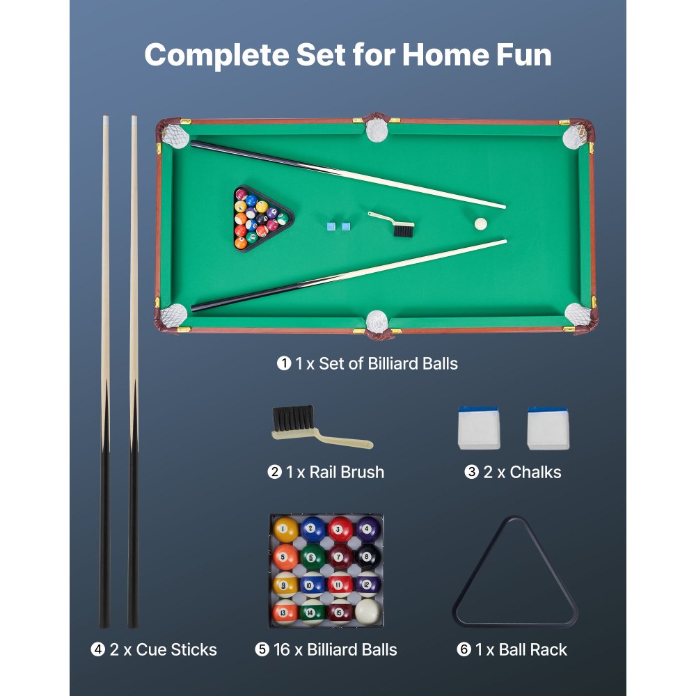 VEVOR Folding Pool Table, 140cm Portable Billiards Tables, Foldable Space-Saving Entertainment Game Set Includes Ball, Cue, Rack, Chalk, Brush, Brown with Bule Cloth, for Family Use, Recreation Room