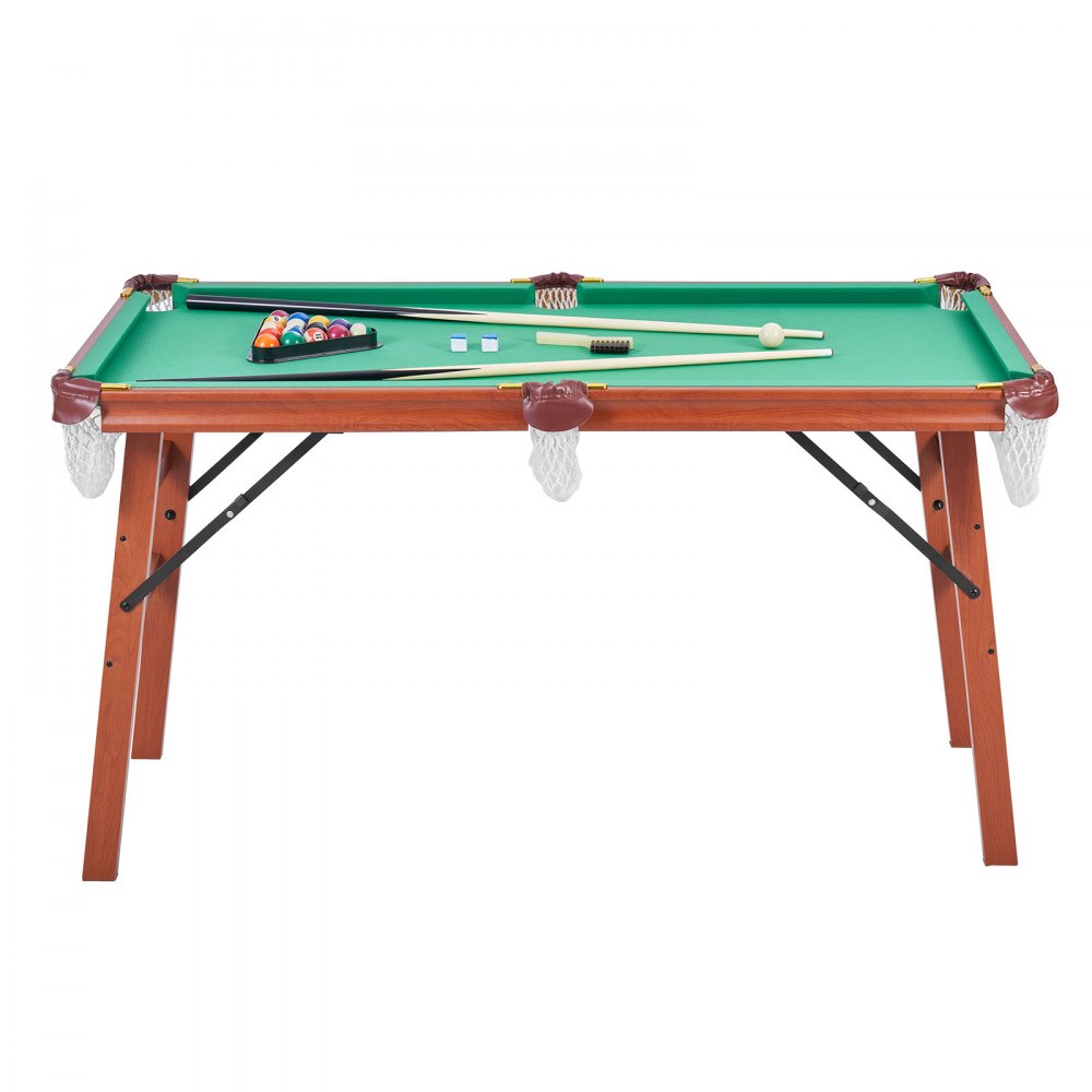 VEVOR Folding Pool Table, 140cm Portable Billiards Tables, Foldable Space-Saving Entertainment Game Set Includes Ball, Cue, Rack, Chalk, Brush, Brown with Bule Cloth, for Family Use, Recreation Room