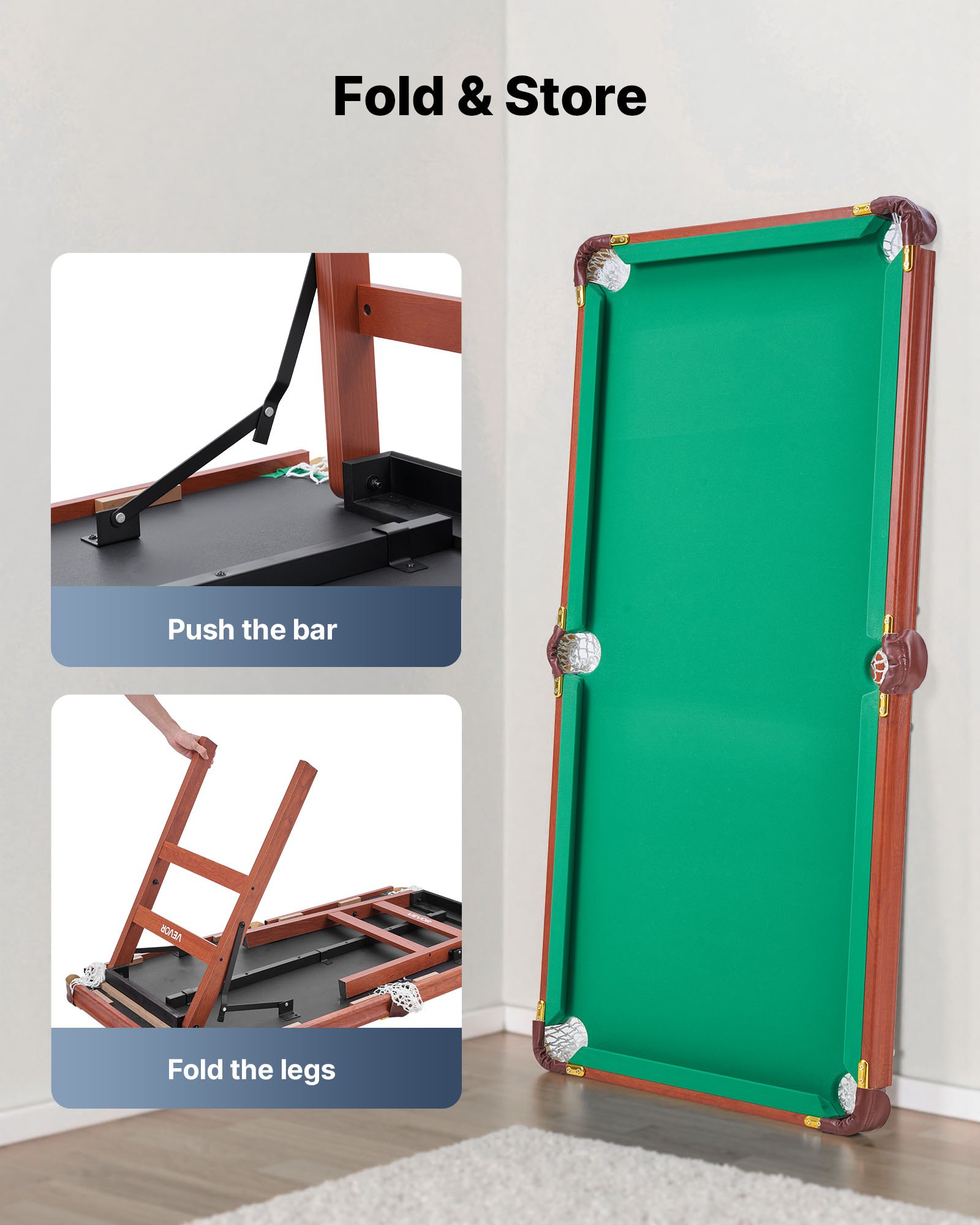 VEVOR Mesa de Billar Plegable, Portátil, Plegable, Juego de Entretenimiento Compacto, Incluye Bola, Taco, Soporte, Tiza y Cepillo, Marrón con Paño Verde, para Salas de Recreo, 1400 x 705 x 795 mm