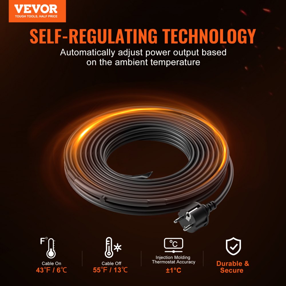 VEVOR Cable Calefactor Autorregulable para Tuberías 18,3 m 16,4 W/m Cinta Calefactora para Tuberías, Descongelación de Nieve en Tejados, Protección contra Congelación de Canalones y Tuberías