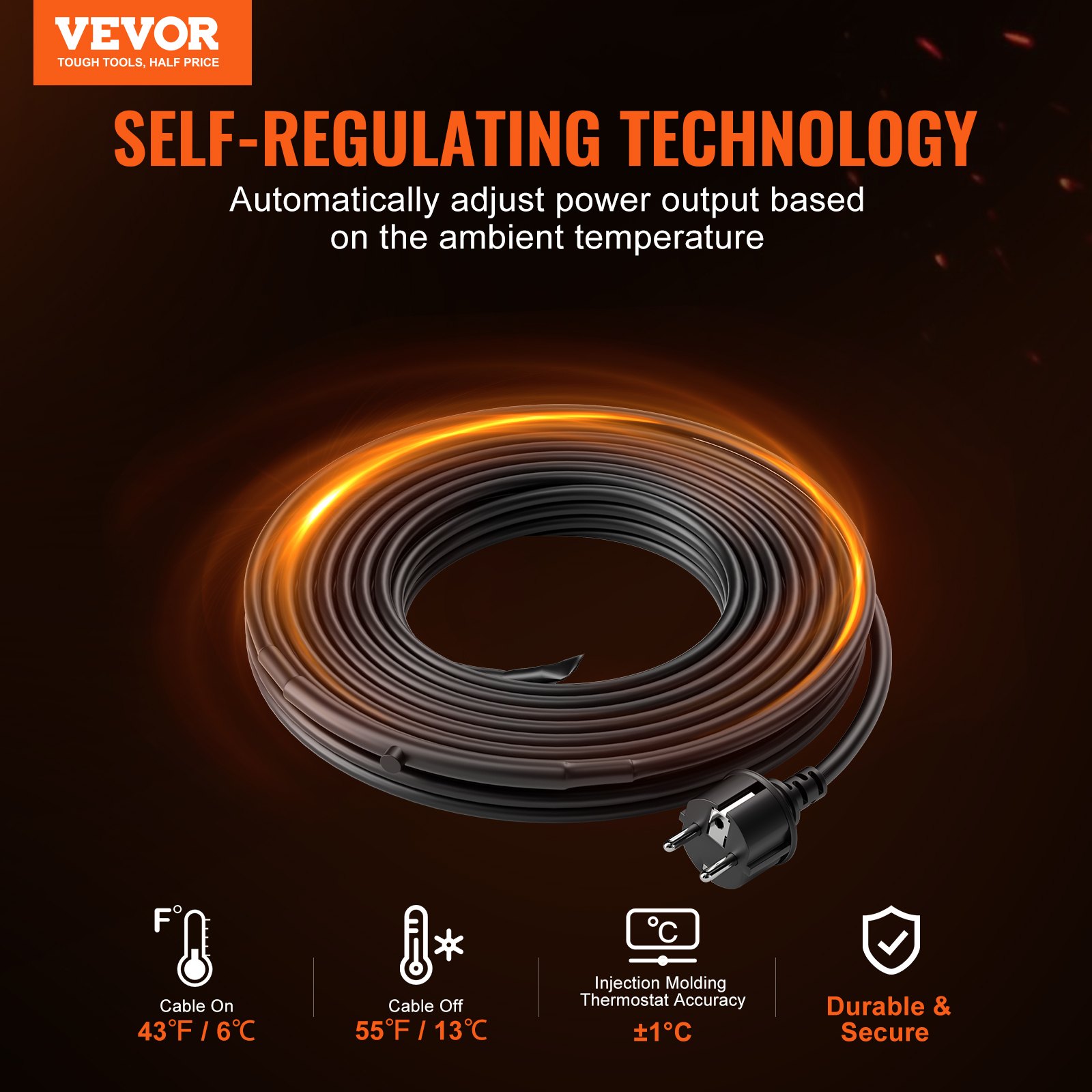 VEVOR Cable Calefactor Autorregulable para Tuberías 18,3 m 16,4 W/m Cinta Calefactora para Tuberías, Descongelación de Nieve en Tejados, Protección contra Congelación de Canalones y Tuberías