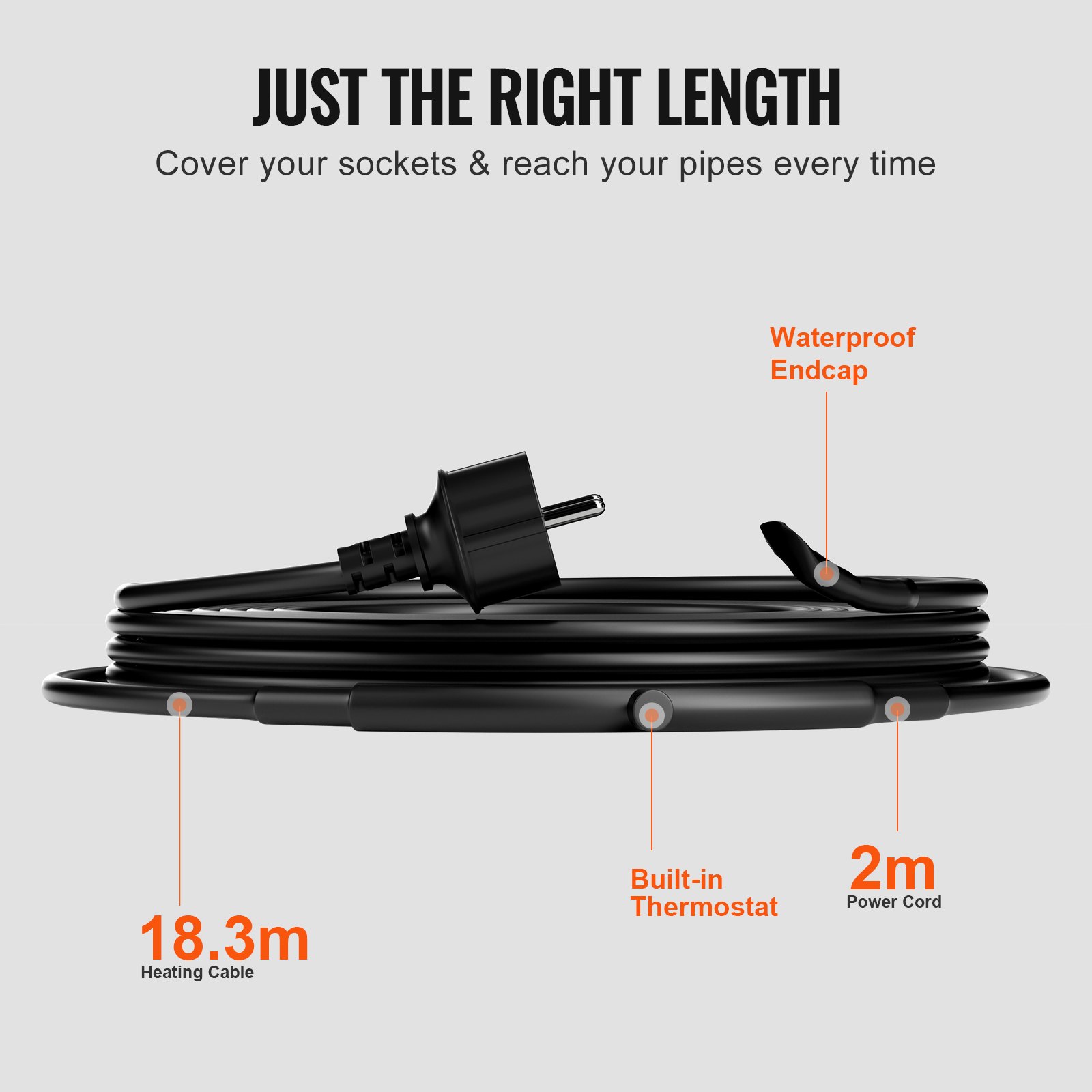 VEVOR Cable Calefactor Autorregulable para Tuberías 18,3 m 16,4 W/m Cinta Calefactora para Tuberías, Descongelación de Nieve en Tejados, Protección contra Congelación de Canalones y Tuberías