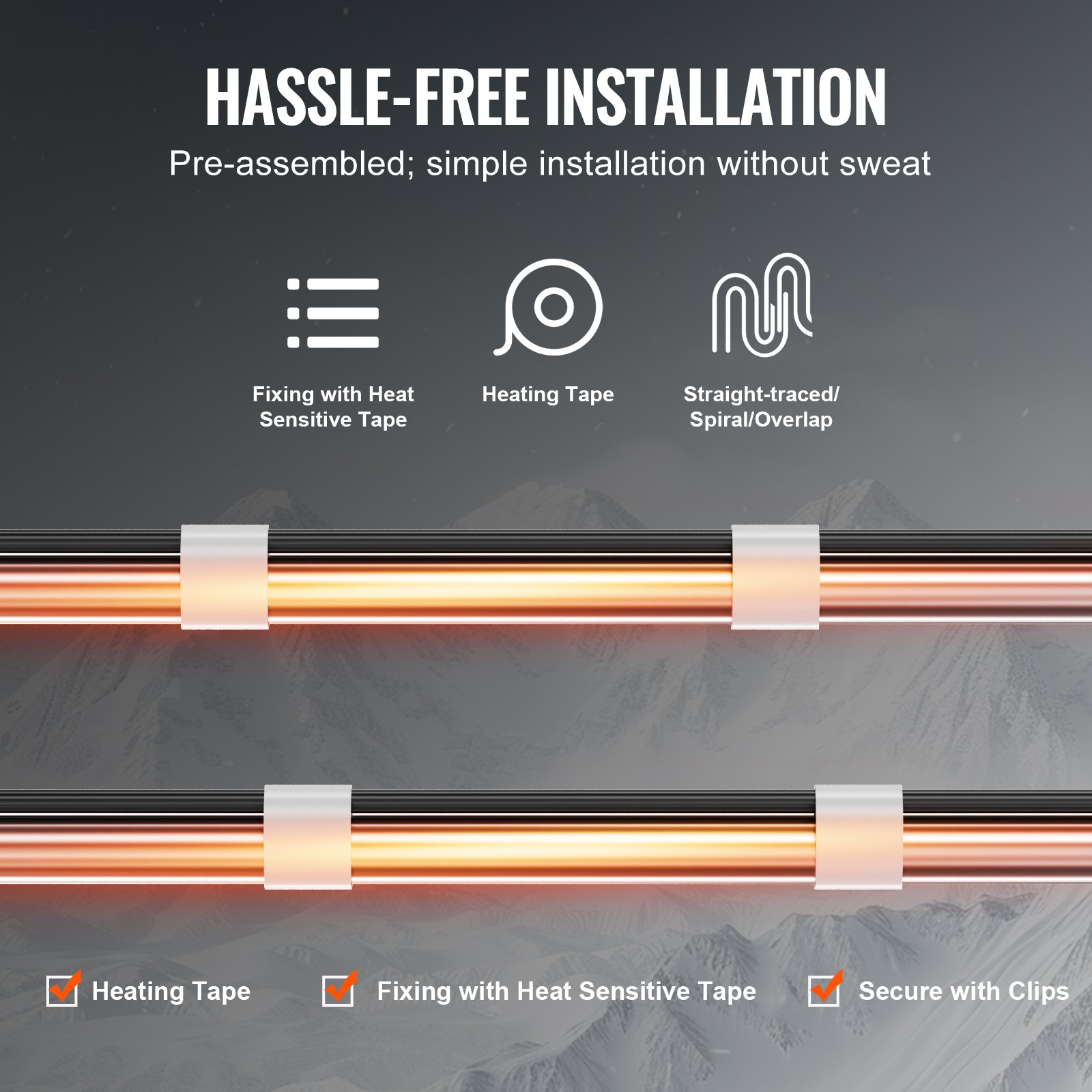 VEVOR Cable Calefactor Autorregulable para Tuberías 18,3 m 16,4 W/m Cinta Calefactora para Tuberías, Descongelación de Nieve en Tejados, Protección contra Congelación de Canalones y Tuberías