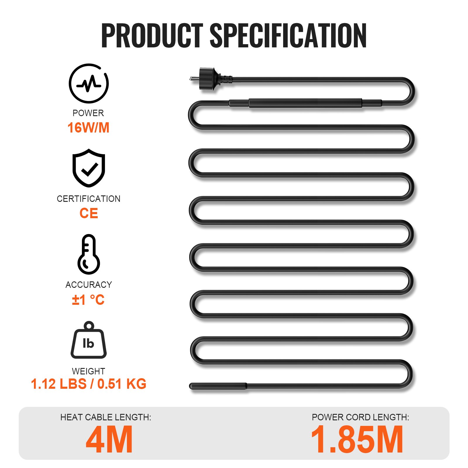 VEVOR Cable Calefactor Autorregulable para Tuberías 4 m 16 W/m Cinta Calefactora para Tuberías, Descongelación de Nieve en Tejados, Protección contra Congelación de Canalones y Tuberías