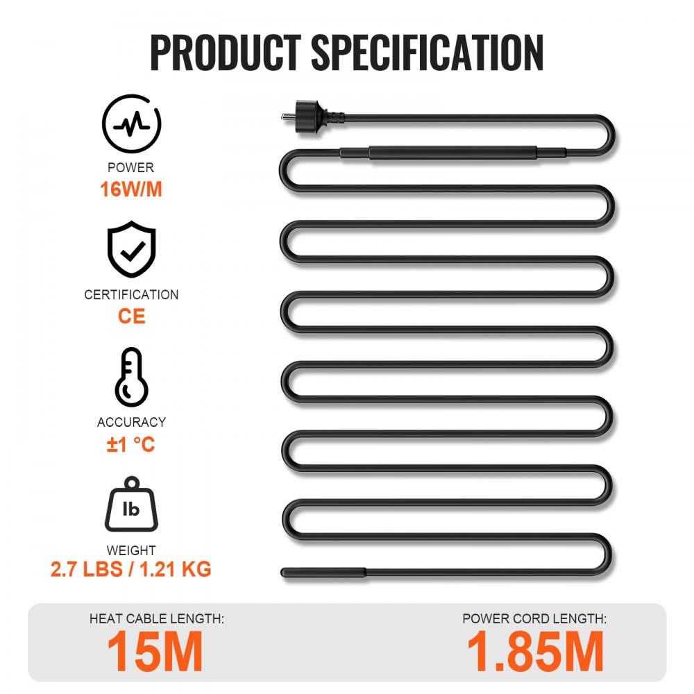 VEVOR Cable Calefactor Autorregulable para Tuberías 15 m 16 W/m Cinta Calefactora para Tuberías, Descongelación de Nieve en Tejados, Protección contra Congelación de Canalones y Tuberías