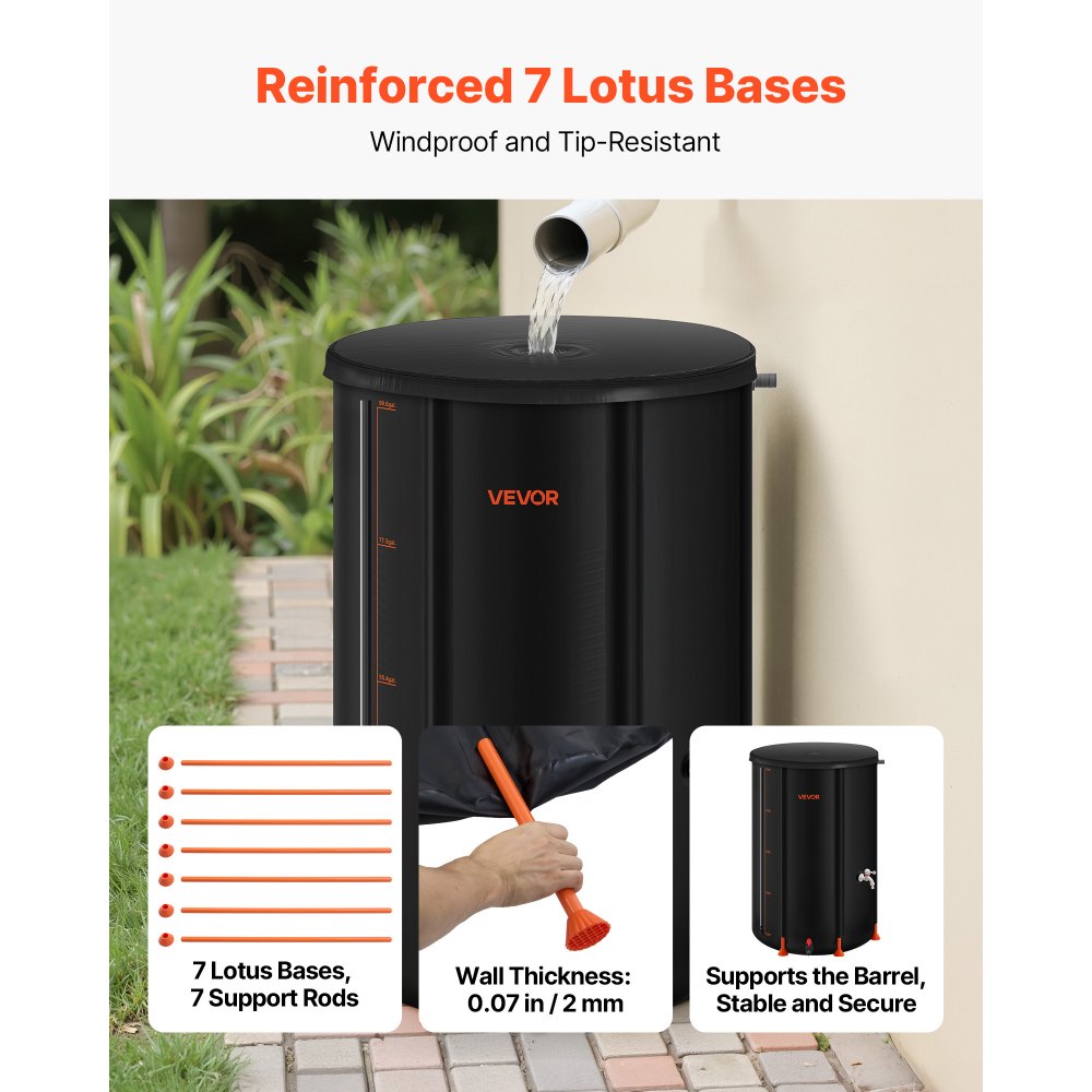 VEVOR Collapsible Rain Barrel, 380 L Portable Rain Water Collection Barrel, 1000D PVC Rainwater Collection System, Garden Water Catcher Tank Storage Container with Spigot & Overflow Kit, Black
