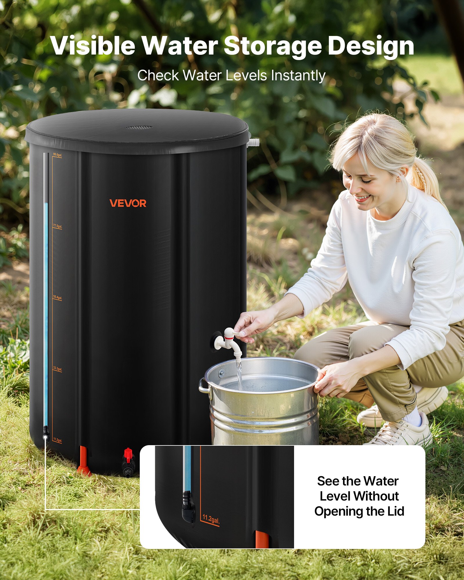 VEVOR Collapsible Rain Barrel, 380 L Portable Rain Water Collection Barrel, 1000D PVC Rainwater Collection System, Garden Water Catcher Tank Storage Container with Spigot & Overflow Kit, Black