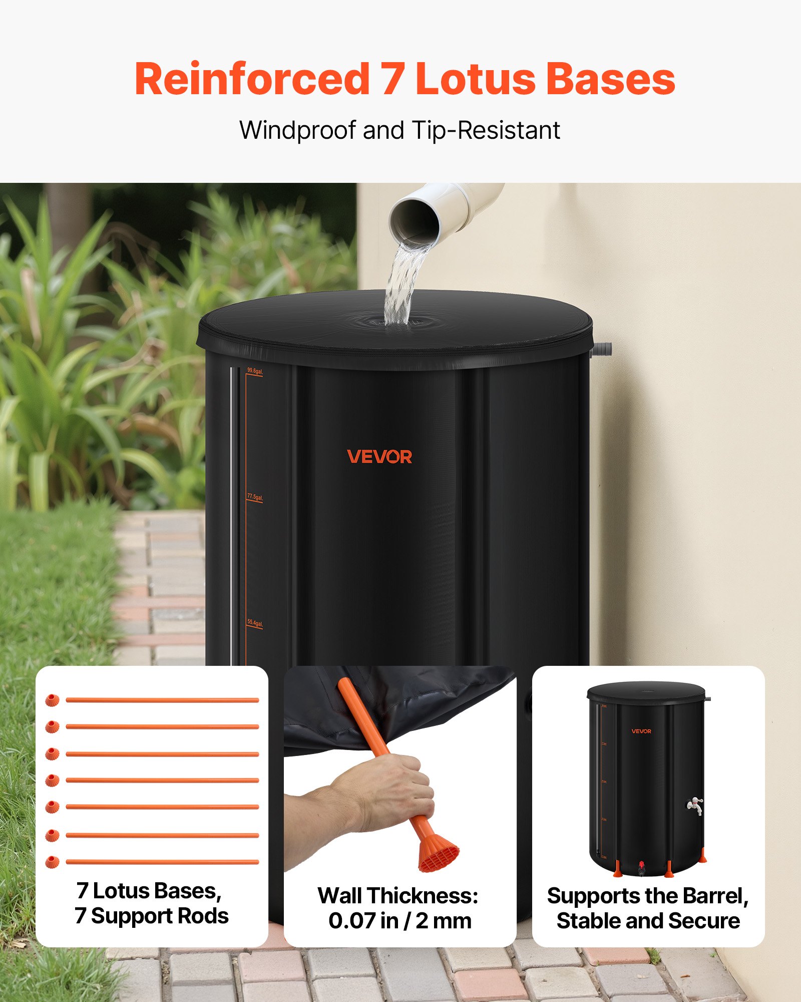 VEVOR Barril de Lluvia Plegable, Barril Portátil de 380 L de PVC 1000D para Recolección de Agua de Lluvia, Contenedor de Almacenamiento de Agua para Jardín con Grifo y Kit de Desbordamiento, Negro