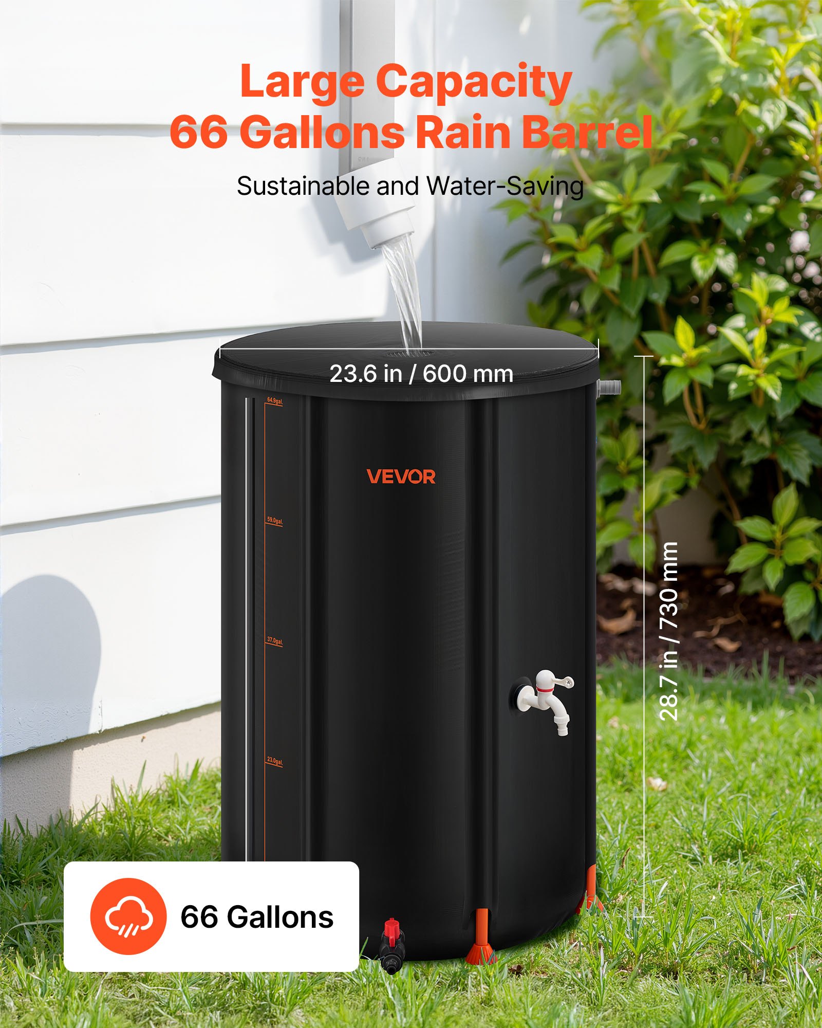 VEVOR Barril de Lluvia Plegable, Barril Portátil de 250 L de PVC 500D para Recolección de Agua de Lluvia, Contenedor de Almacenamiento de Agua para Jardín con Grifo y Kit de Desbordamiento, Negro