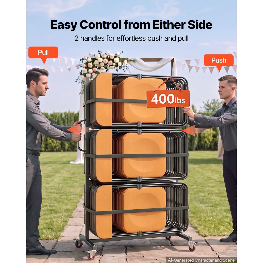 VEVOR Carro para Sillas 30-36 Sillas, 181,5 kg, Diseño Colgante de 3 Niveles, Carrito para Transporte de 24 Sillas y 6 Mesas con 4 Ruedas con Bloqueo, Ajustable y 3 Cuerdas para Banquetes Conferencias