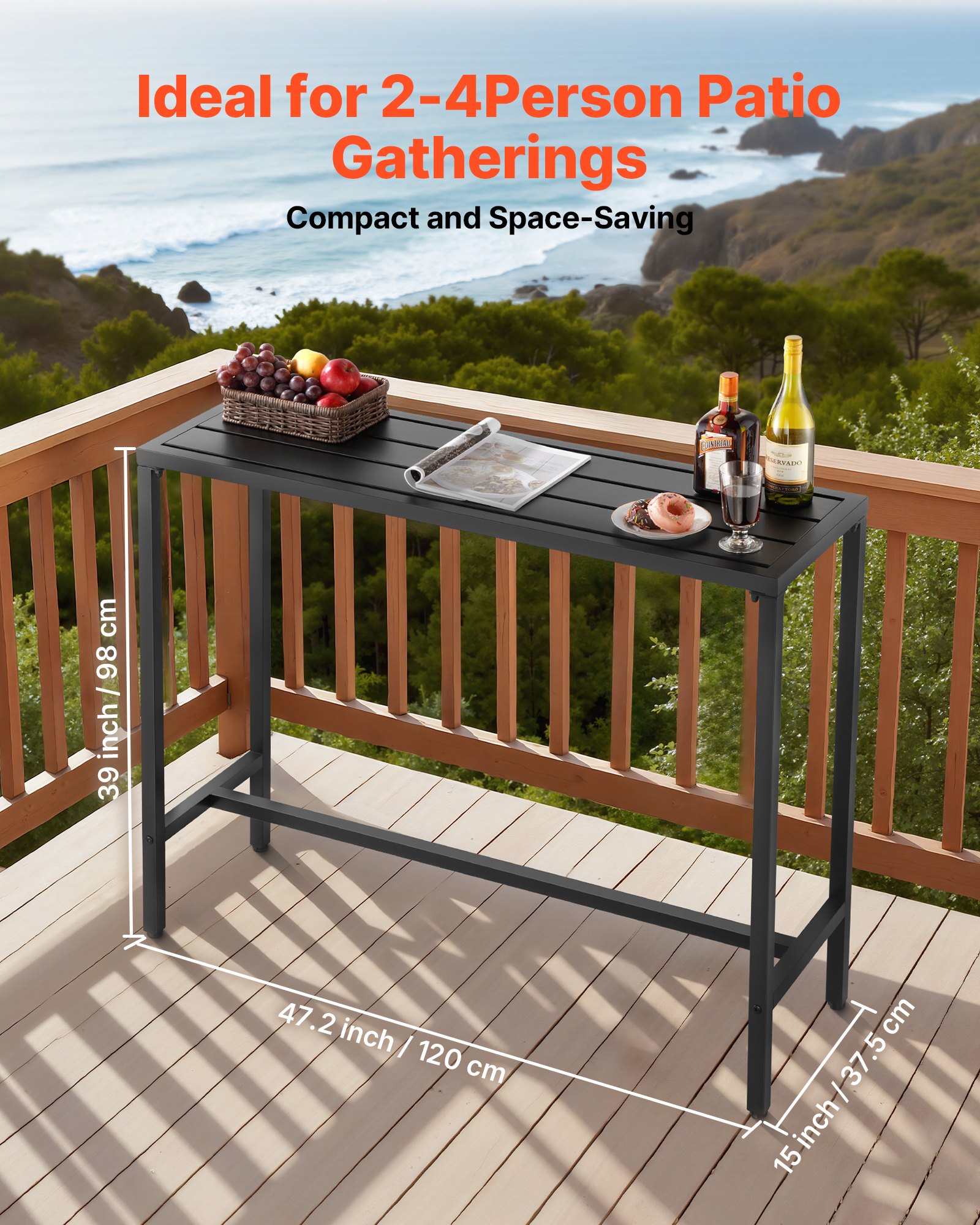VEVOR Mesa Alta de Bar de Exterior, 1200 x 375 x 980 mm, Mesa de Comedor Rectangular con Tablero Impermeable y Estructura de Metal Resistente, Mueble de Jardín para Patio, Terraza, Piscina, Negro
