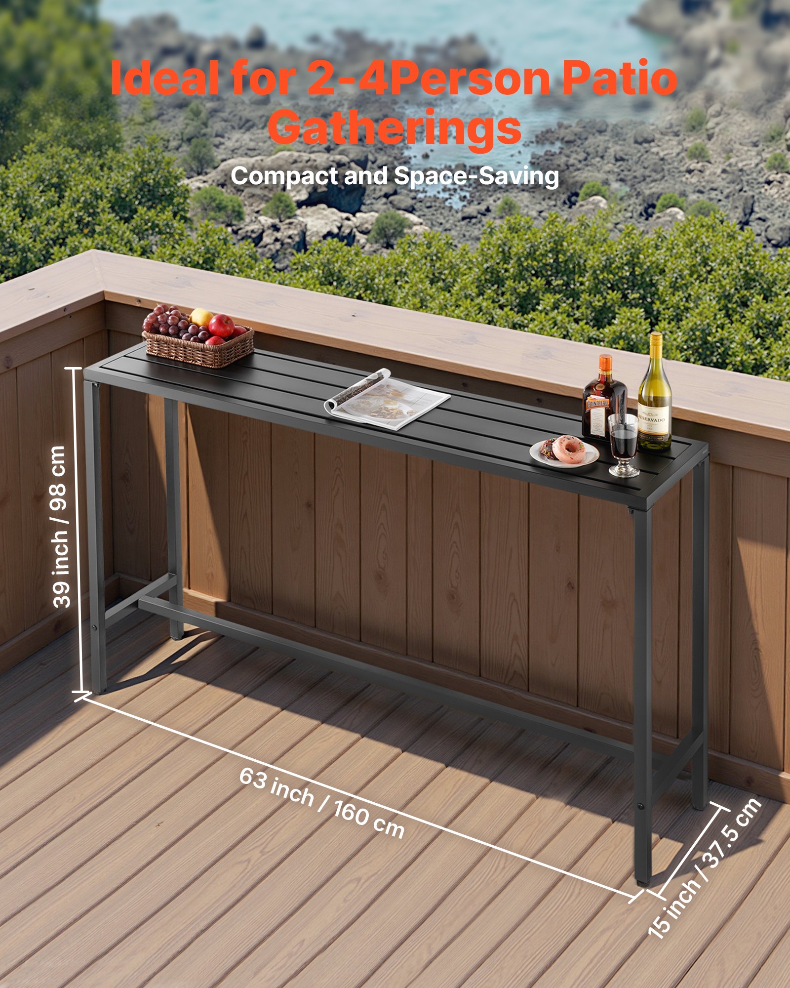 VEVOR Mesa Alta de Bar de Exterior, 1600 x 375 x 980 mm, Mesa de Comedor Rectangular con Tablero Impermeable y Estructura de Metal Resistente, Mueble de Jardín para Patio, Terraza, Piscina, Negro