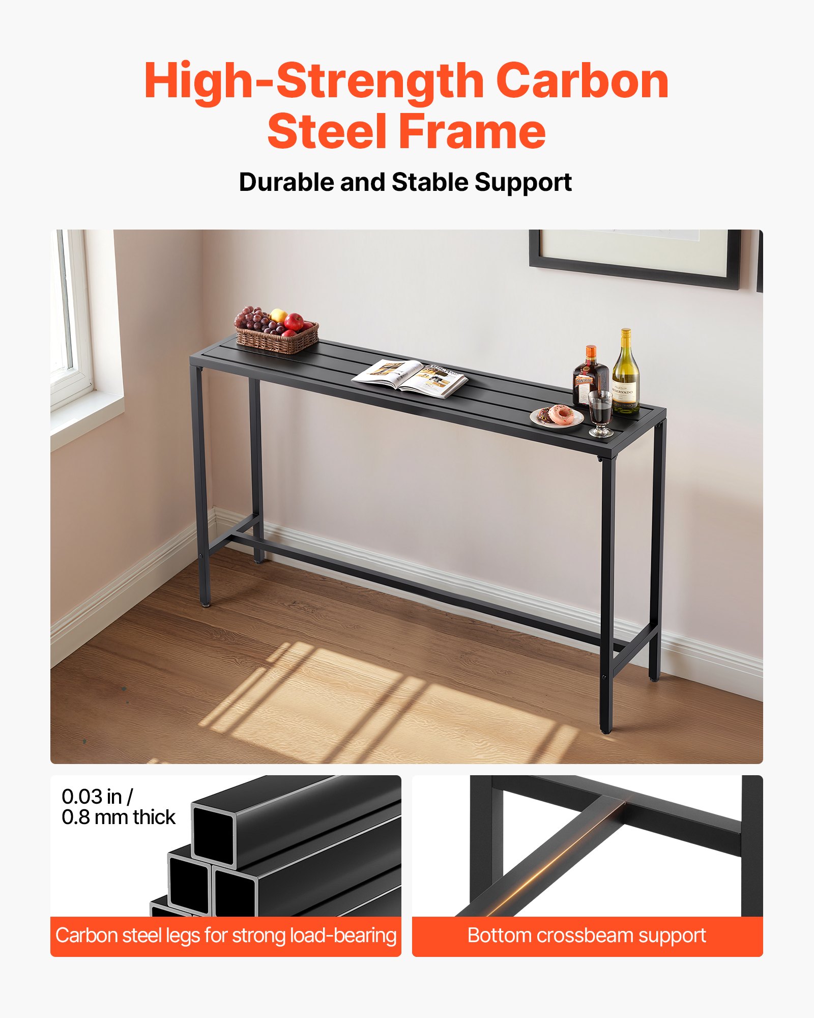 VEVOR Mesa Alta de Bar de Exterior, 1600 x 375 x 980 mm, Mesa de Comedor Rectangular con Tablero Impermeable y Estructura de Metal Resistente, Mueble de Jardín para Patio, Terraza, Piscina, Negro