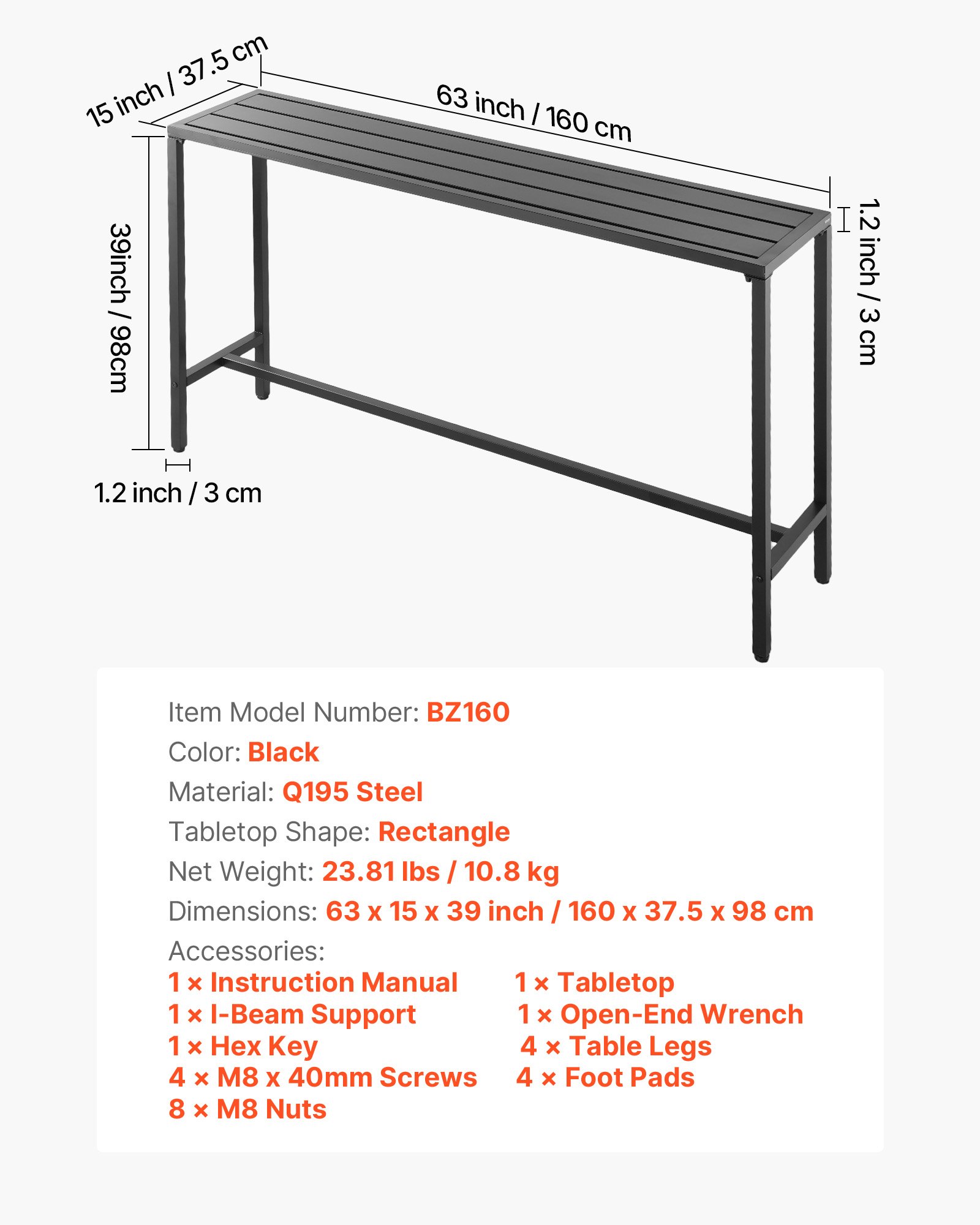 VEVOR Mesa Alta de Bar de Exterior, 1600 x 375 x 980 mm, Mesa de Comedor Rectangular con Tablero Impermeable y Estructura de Metal Resistente, Mueble de Jardín para Patio, Terraza, Piscina, Negro