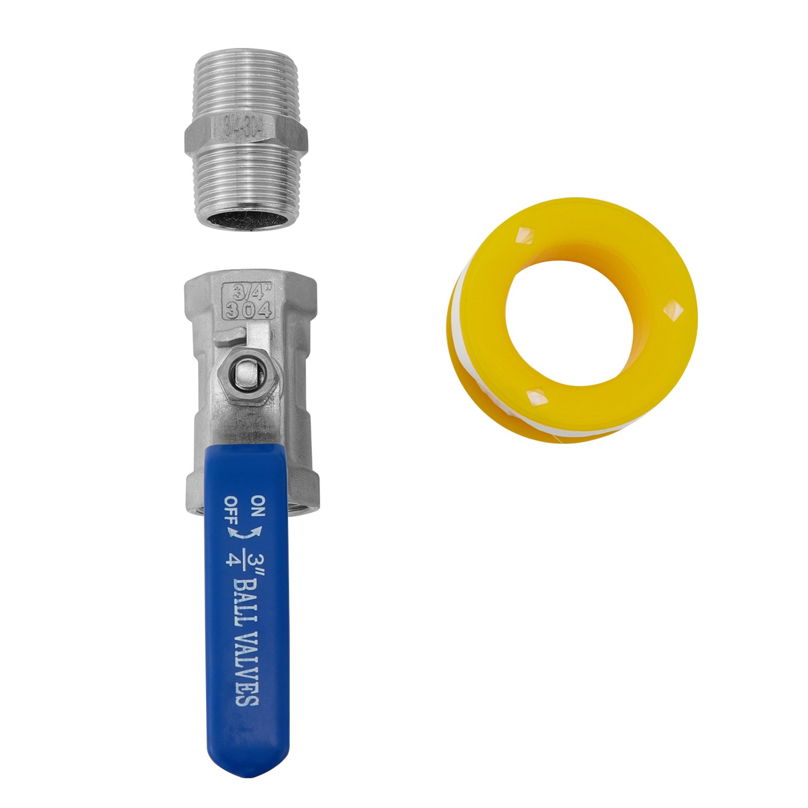 Accesorios para bandeja evaporadora de jarabe de arce VEVOR: válvula de bola, adaptador y junta amarilla.