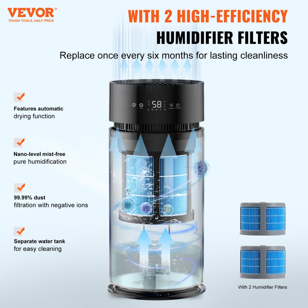 VEVOR Humidificador Evaporativo para Toda la Casa de hasta 100m², 10 L, Humidificador de Humedad Fría Inteligente Grande y Purificador de Aire, 3 Velocidades y Temporizador de 1 a 14 h, Φ 238 x 537 mm