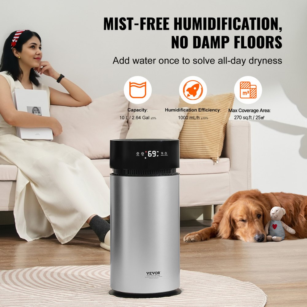 VEVOR Humidificador Evaporativo para Toda la Casa de hasta 100m², 10 L, Humidificador de Humedad Fría Inteligente Grande y Purificador de Aire, 3 Velocidades y Temporizador de 1 a 14 h, Φ 238 x 537 mm
