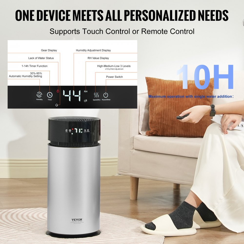 VEVOR Humidificador Evaporativo para Toda la Casa de hasta 100m², 10 L, Humidificador de Humedad Fría Inteligente Grande y Purificador de Aire, 3 Velocidades y Temporizador de 1 a 14 h, Φ 238 x 537 mm