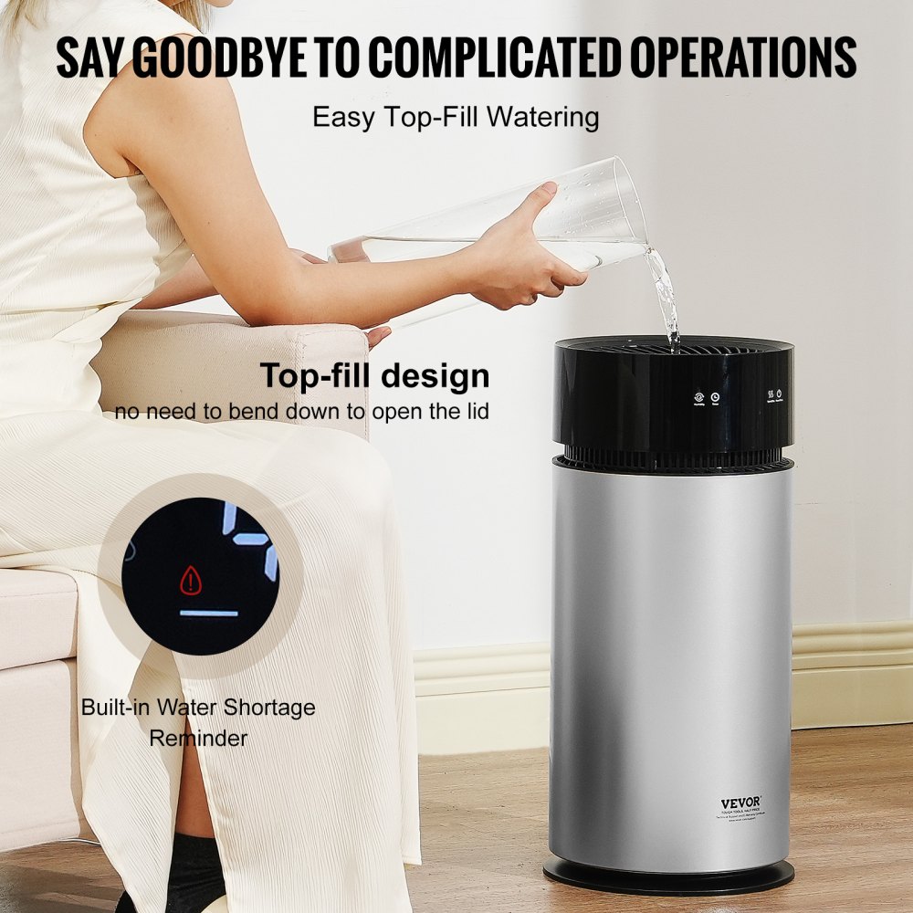 VEVOR Humidificador Evaporativo para Toda la Casa de hasta 100m², 10 L, Humidificador de Humedad Fría Inteligente Grande y Purificador de Aire, 3 Velocidades y Temporizador de 1 a 14 h, Φ 238 x 537 mm