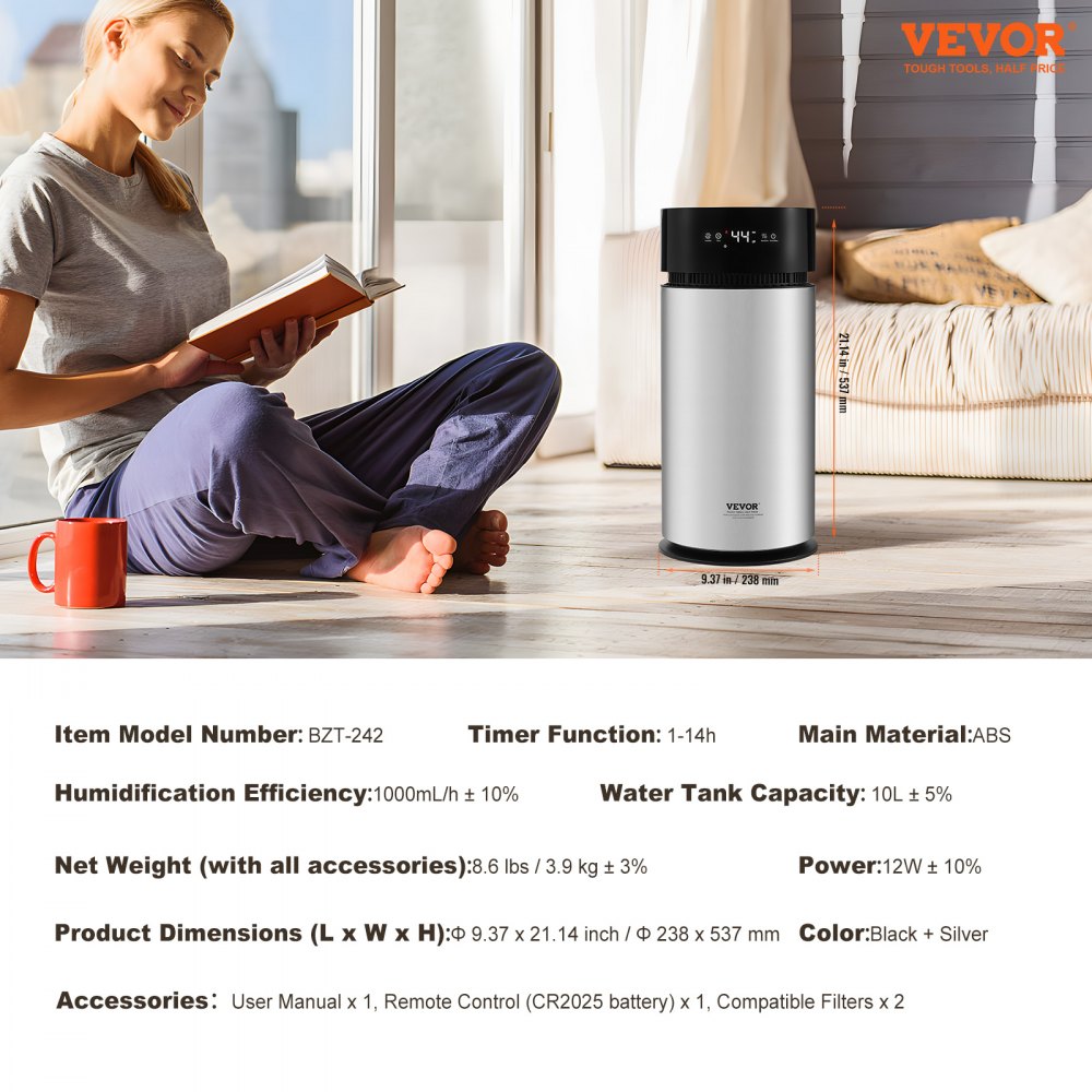 VEVOR Humidificador Evaporativo para Toda la Casa de hasta 100m², 10 L, Humidificador de Humedad Fría Inteligente Grande y Purificador de Aire, 3 Velocidades y Temporizador de 1 a 14 h, Φ 238 x 537 mm