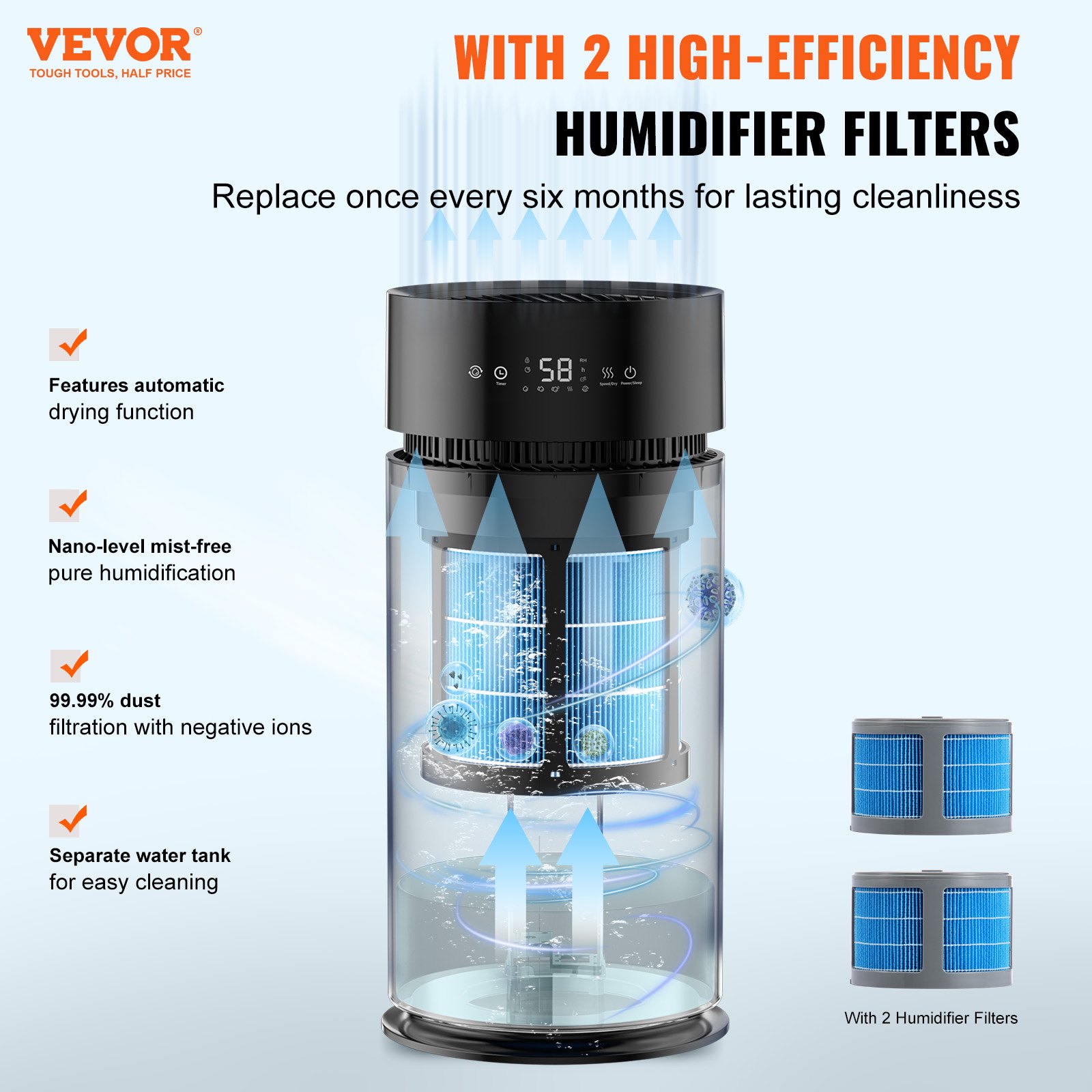 VEVOR Humidificador Evaporativo para Toda la Casa de hasta 100m², 10 L, Humidificador de Humedad Fría Inteligente Grande y Purificador de Aire, 3 Velocidades y Temporizador de 1 a 14 h, Φ 238 x 537 mm