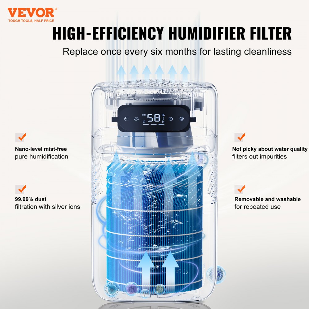 VEVOR Humidificador Evaporativo Inteligente para Toda la Casa, 480 ml/h, 3 Velocidades y Temporizador de 1 a 12 h, Filtro Premium, Modo de Suspensión Silencioso para Dormitorio, 5 L, Φ 220 x 380 mm