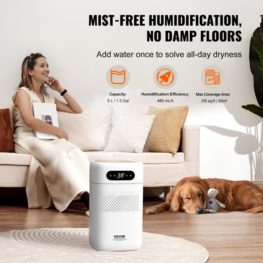 VEVOR Humidificador Evaporativo Inteligente para Toda la Casa, 480 ml/h, 3 Velocidades y Temporizador de 1 a 12 h, Filtro Premium, Modo de Suspensión Silencioso para Dormitorio, 5 L, Φ 220 x 380 mm