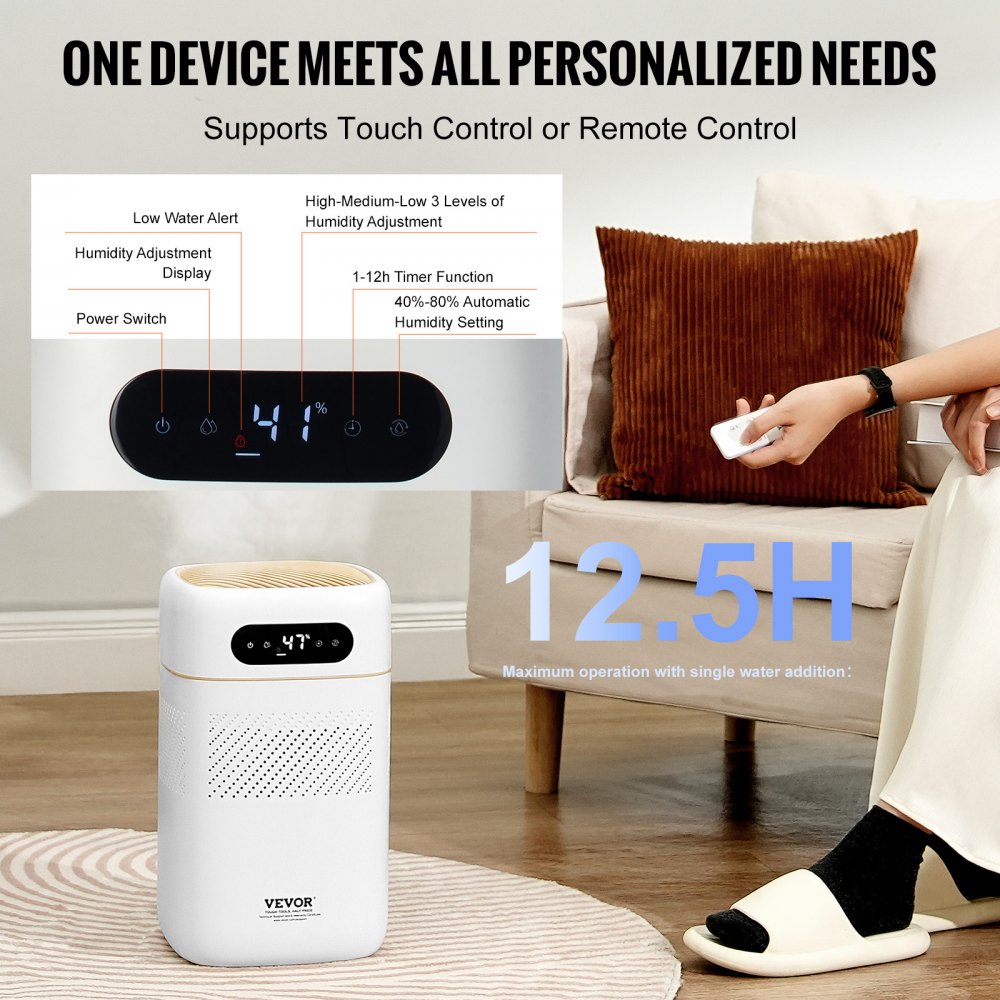 VEVOR Humidificador Evaporativo Inteligente para Toda la Casa, 480 ml/h, 3 Velocidades y Temporizador de 1 a 12 h, Filtro Premium, Modo de Suspensión Silencioso para Dormitorio, 5 L, Φ 220 x 380 mm