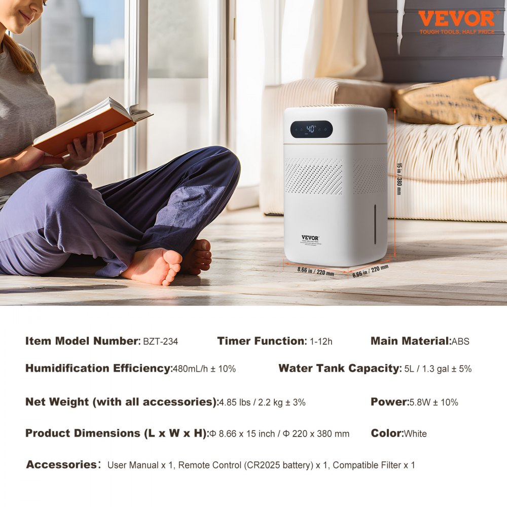 VEVOR Humidificador Evaporativo Inteligente para Toda la Casa, 480 ml/h, 3 Velocidades y Temporizador de 1 a 12 h, Filtro Premium, Modo de Suspensión Silencioso para Dormitorio, 5 L, Φ 220 x 380 mm