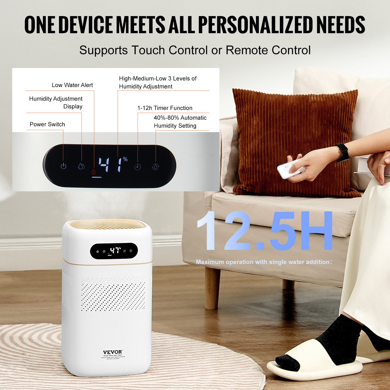 VEVOR Humidificador Evaporativo Inteligente para Toda la Casa, 480 ml/h, 3 Velocidades y Temporizador de 1 a 12 h, Filtro Premium, Modo de Suspensión Silencioso para Dormitorio, 5 L, Φ 220 x 380 mm