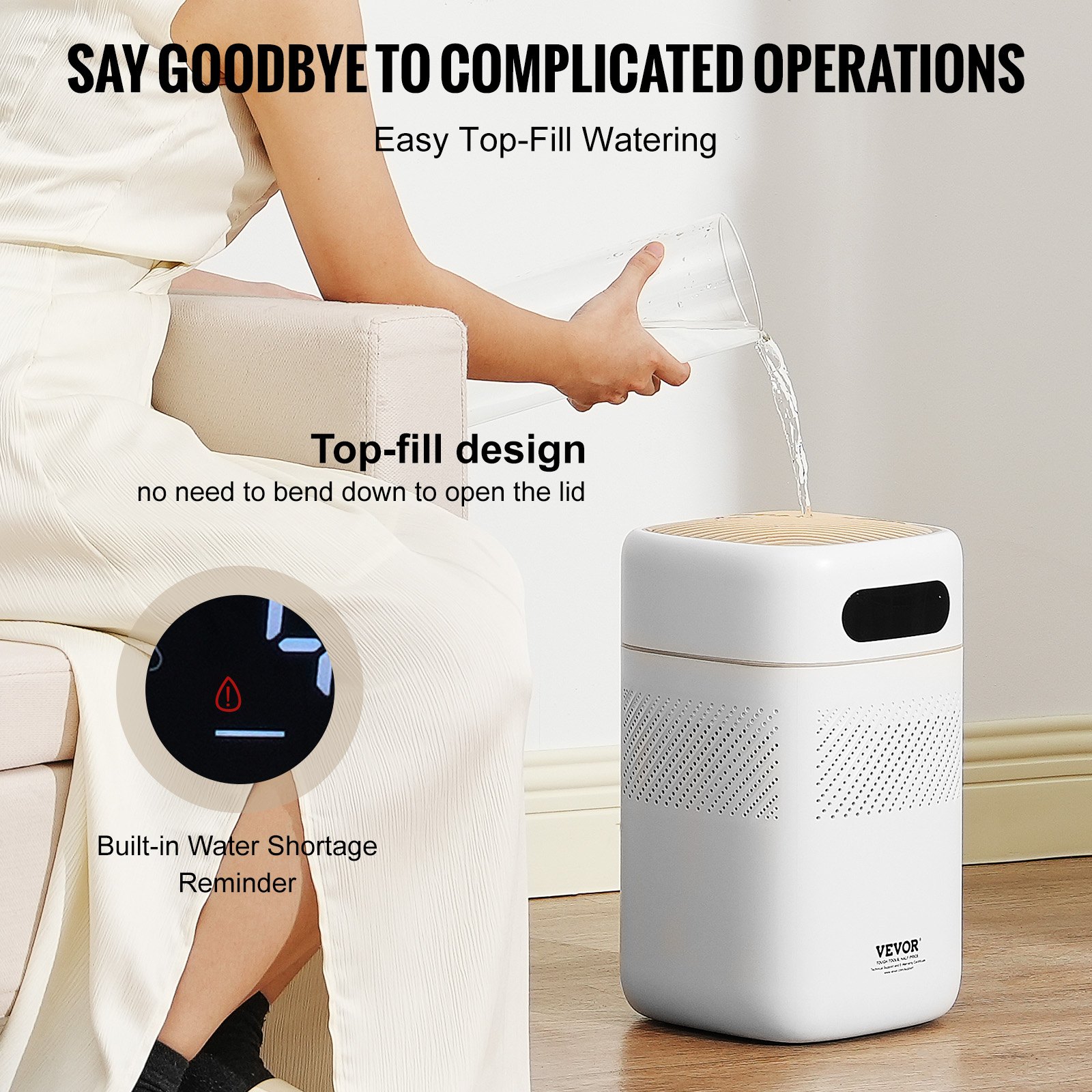 VEVOR Humidificador Evaporativo Inteligente para Toda la Casa, 480 ml/h, 3 Velocidades y Temporizador de 1 a 12 h, Filtro Premium, Modo de Suspensión Silencioso para Dormitorio, 5 L, Φ 220 x 380 mm