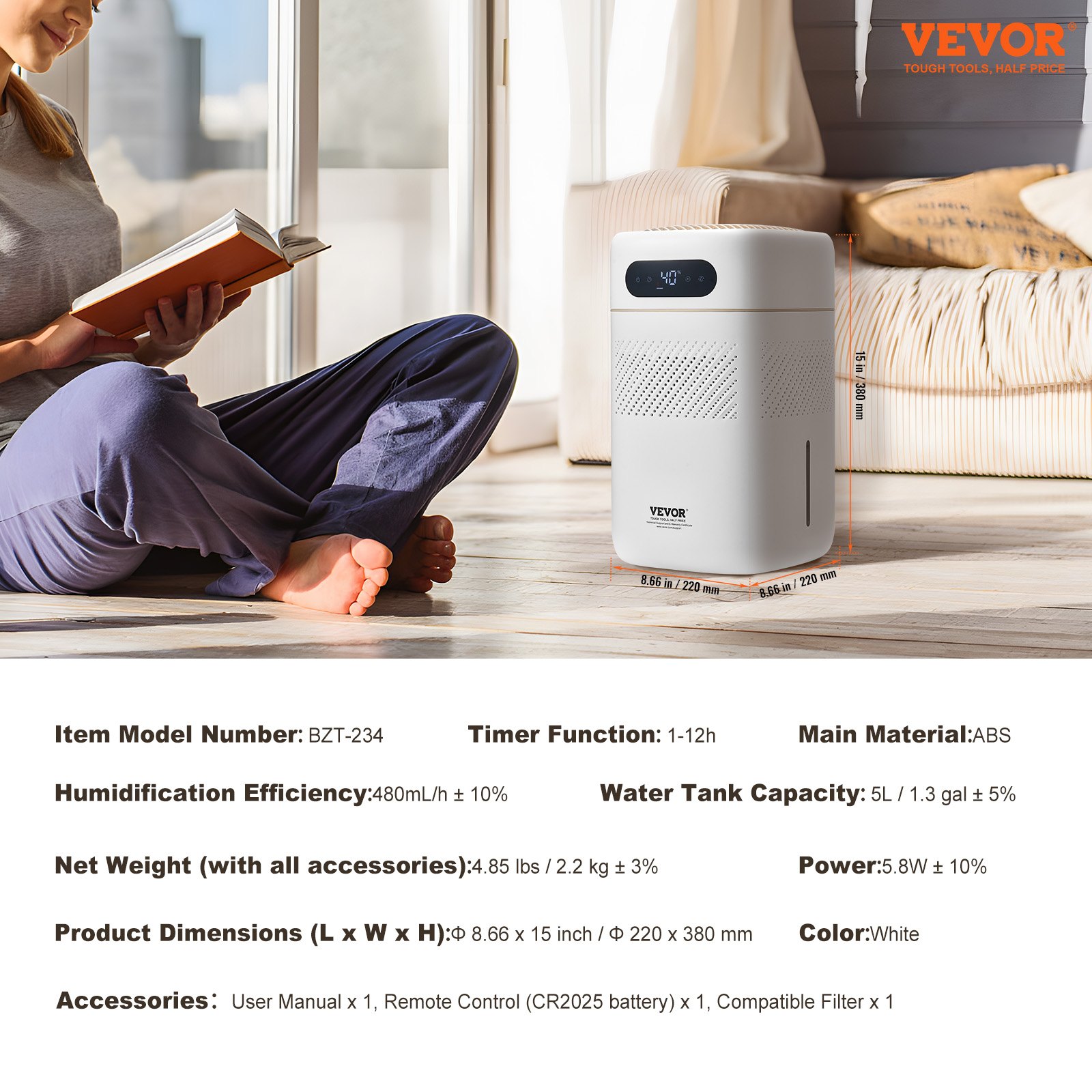 VEVOR Humidificador Evaporativo Inteligente para Toda la Casa, 480 ml/h, 3 Velocidades y Temporizador de 1 a 12 h, Filtro Premium, Modo de Suspensión Silencioso para Dormitorio, 5 L, Φ 220 x 380 mm