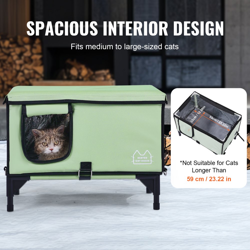 VEVOR Elevated Heated Cat House, Cuboid Cat Shelter with Adjustable Temperature and Timer, Foldable Cat Shelter Made of 900D Oxford Fabric with Heated Cushion for Winter Warmth and Comfort, Green (Large)
