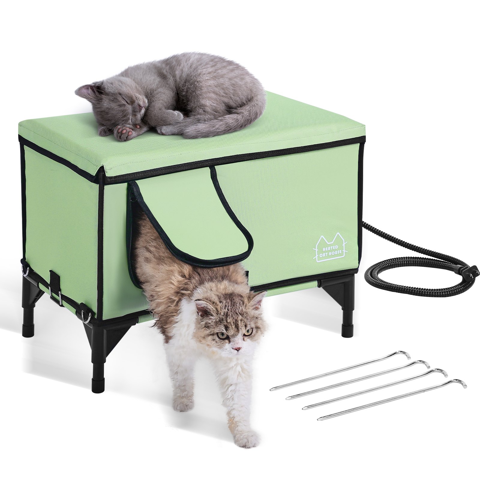 VEVOR Casa Elevada con Calefacción para Gatos  62,5x33x42 cm Refugio Plegable de Tela Oxford 900D para Gatos en Forma de Cubo con Temperatura Ajustable y Temporizador, Almohadilla Térmica, Verde (L)